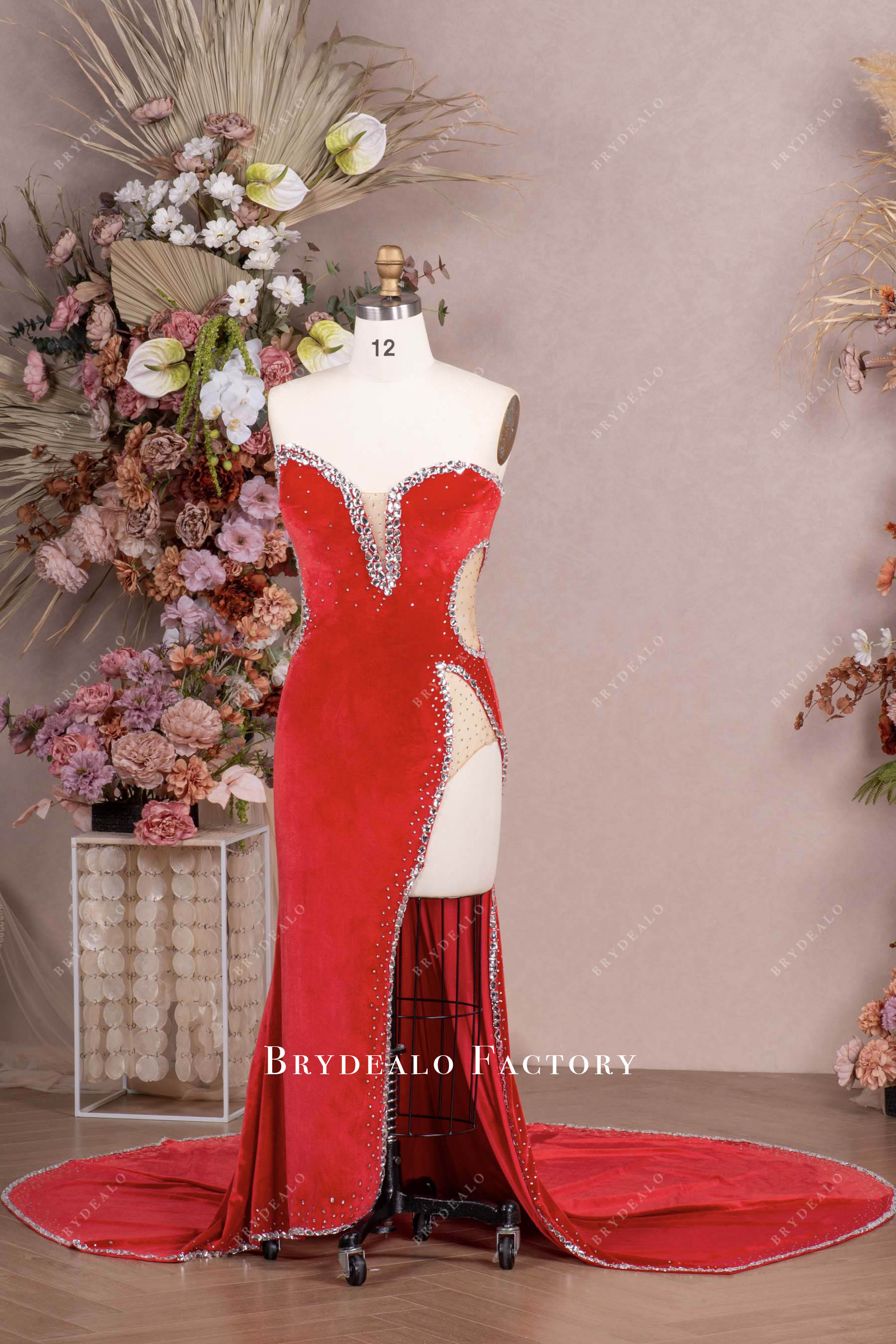 Red Rhinestone Velvet High Slit Fit & Flare Prom Dress