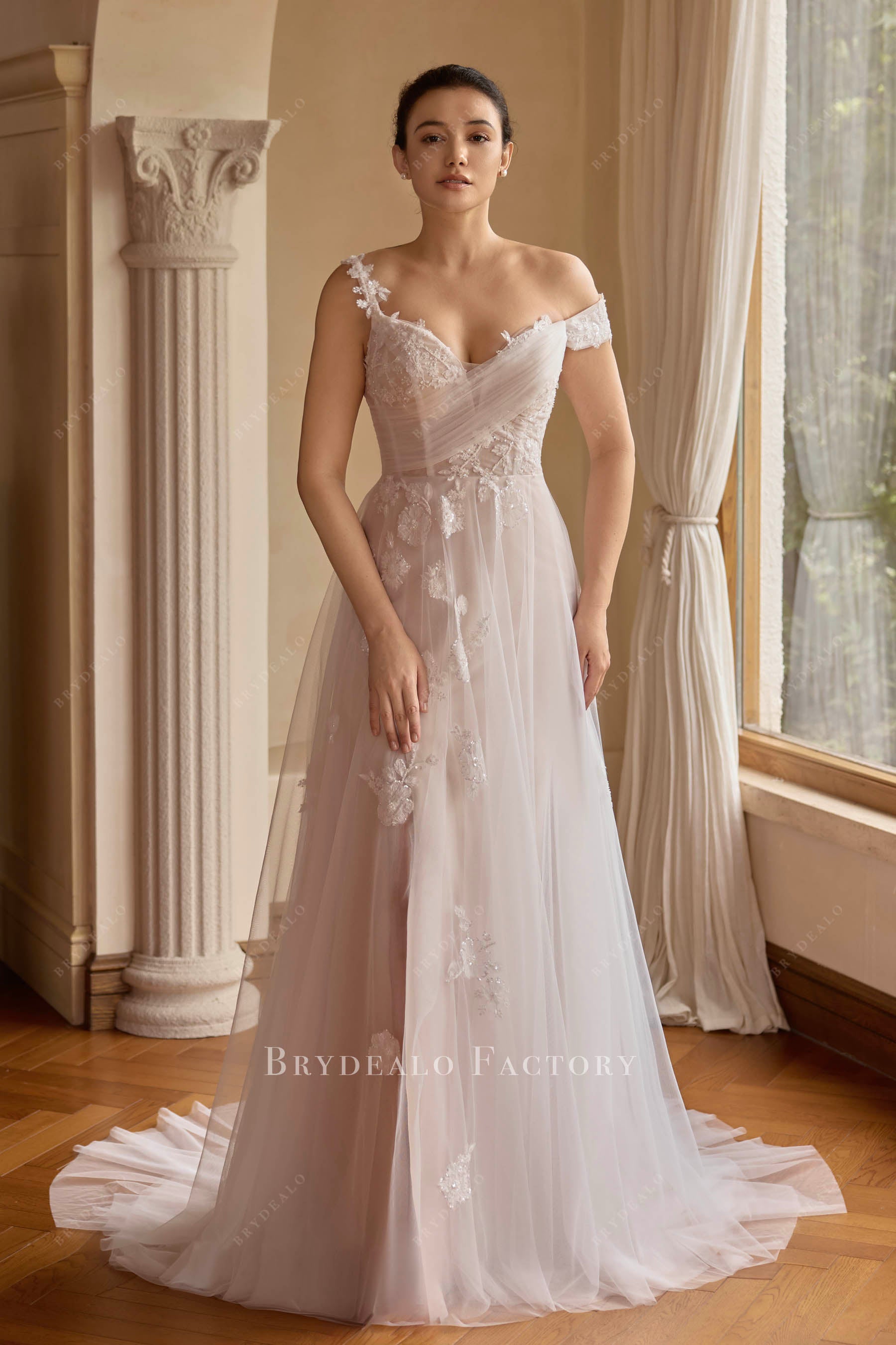 asymmetric off-shoulder slit wedding dress