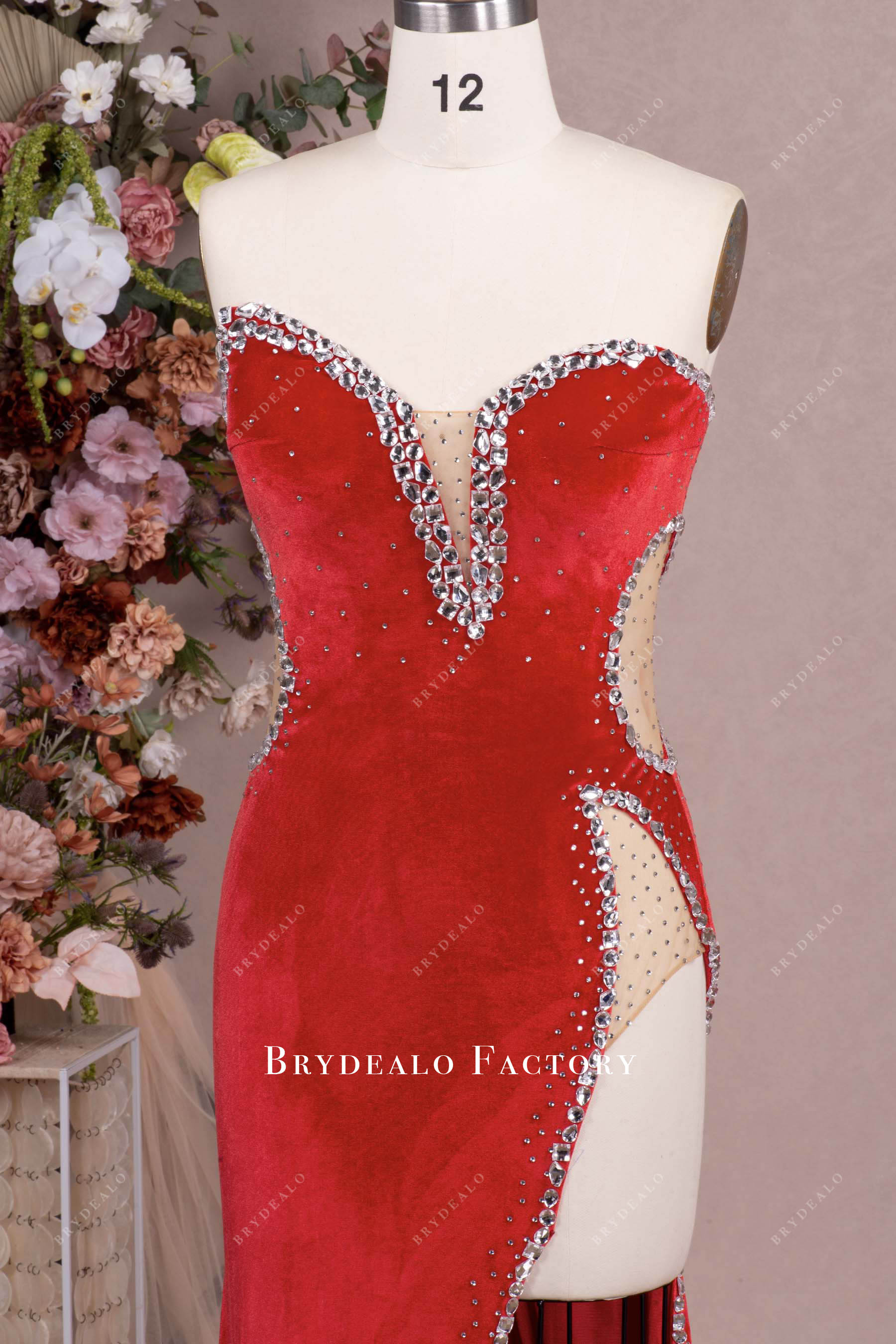 Red Rhinestone Velvet High Slit Fit & Flare Prom Dress