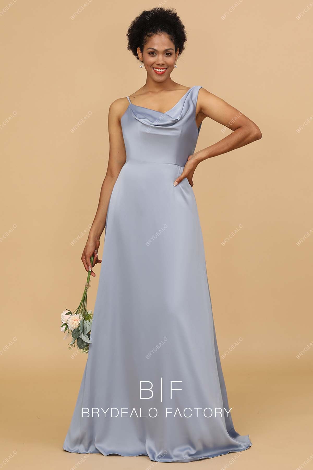 Silver Silky Satin Cowl Neck Bridesmaid Formal Dress