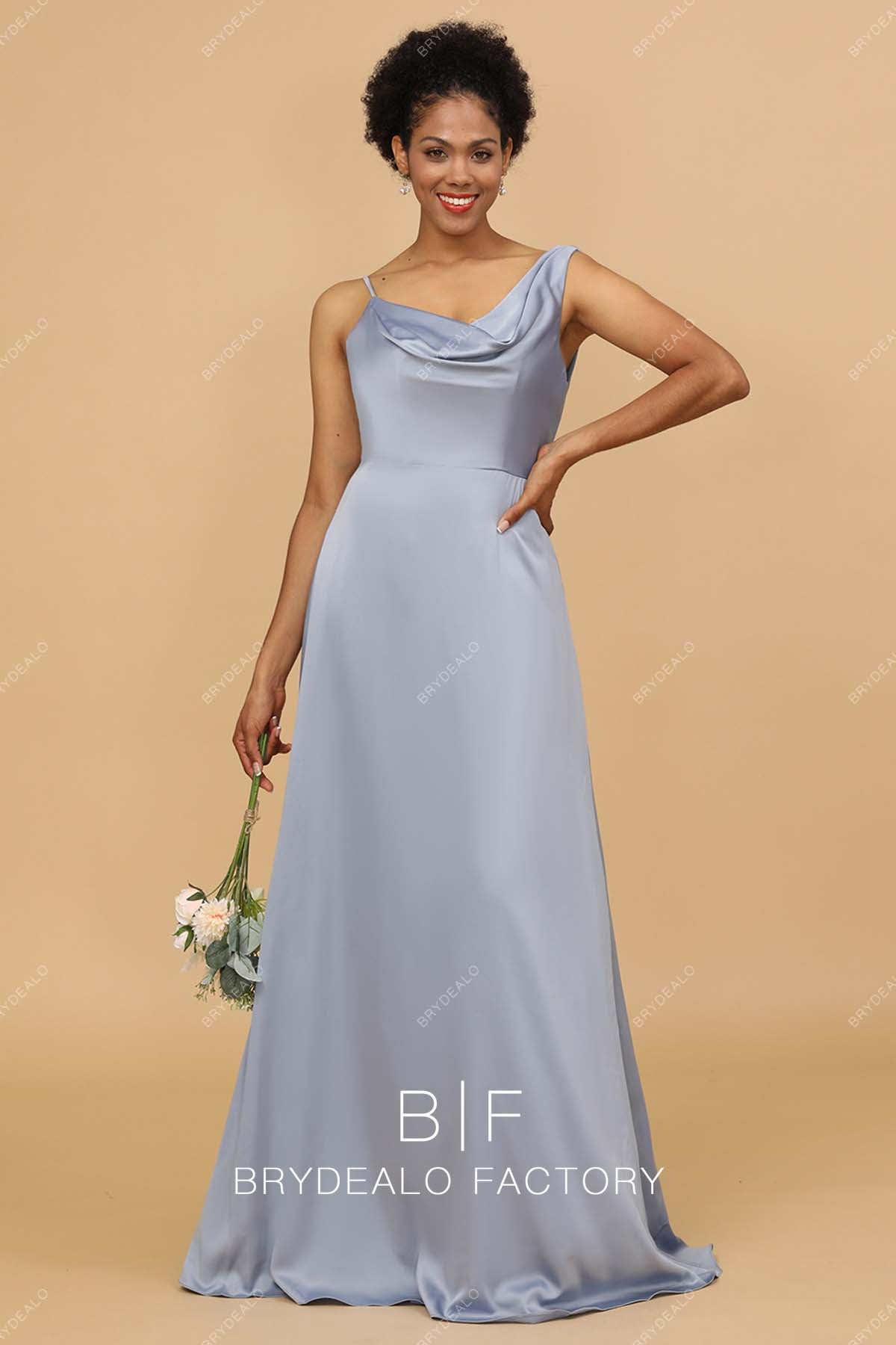 Silver Silky Satin Cowl Neck A-Line Bridesmaid Formal Dress