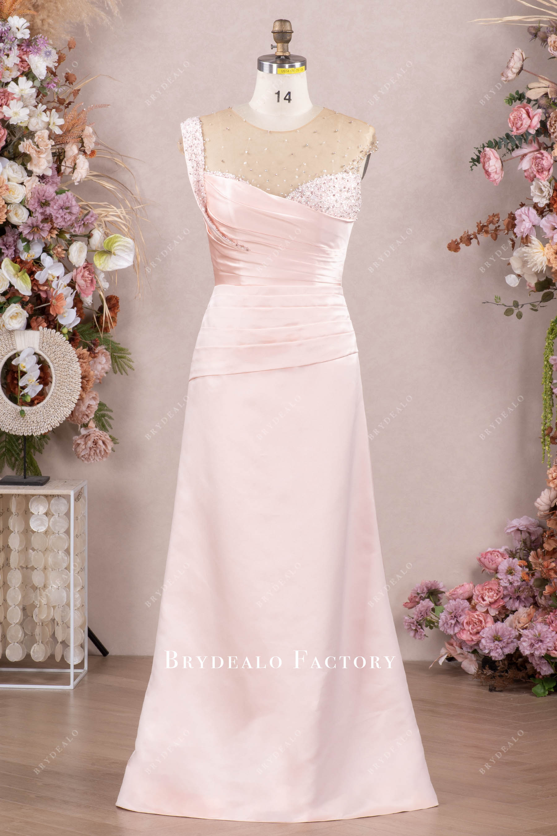 asymmetrical illusion neck fit flare formal gown