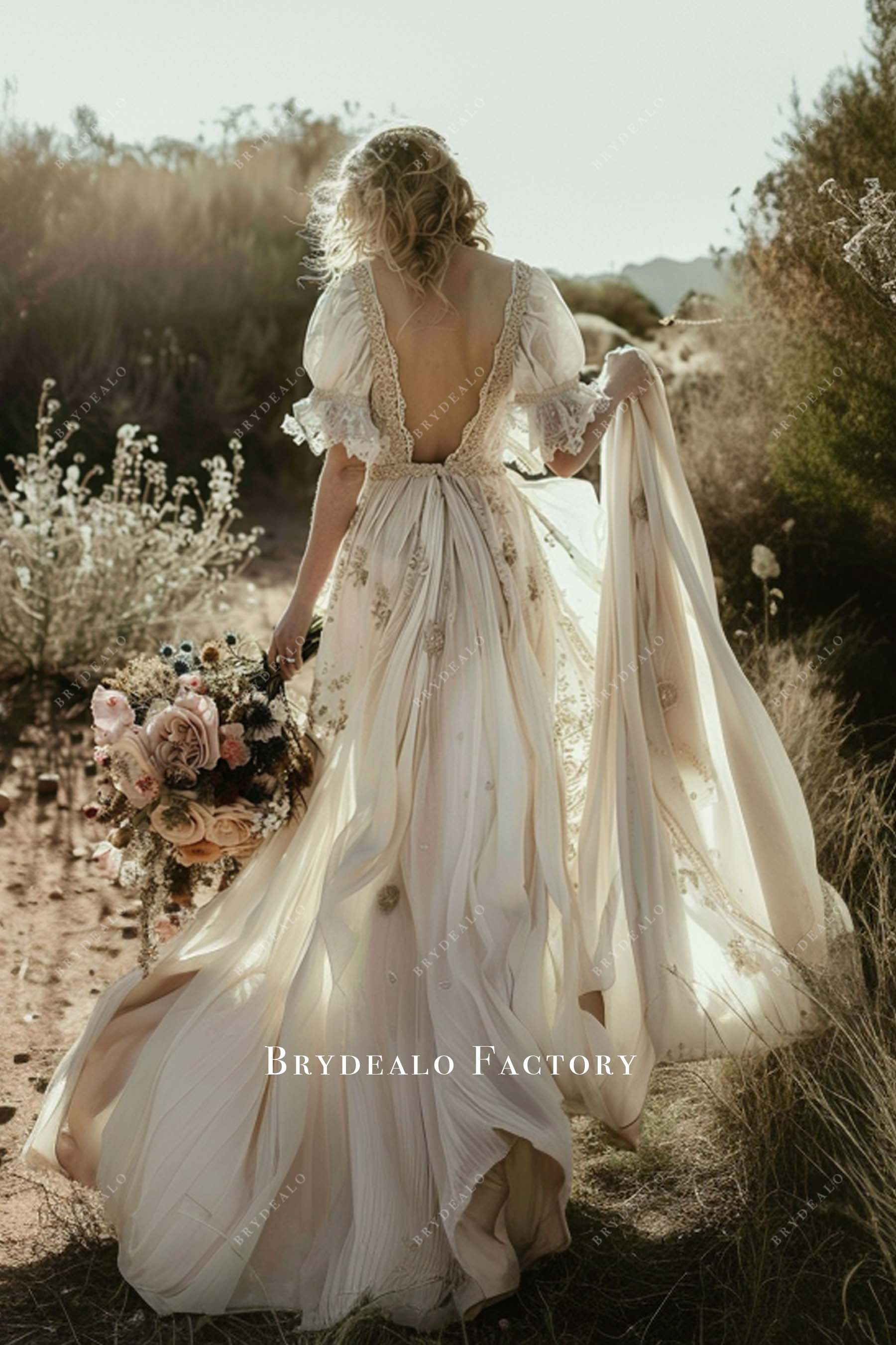 Low Back Puffy Half Sleeves Outdoor Bridal Dress