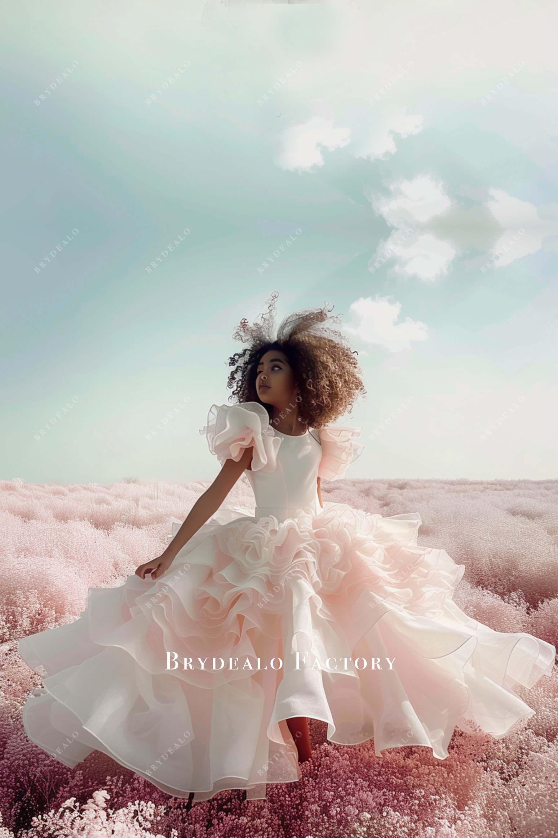 Short Ruffled Sleeve Organza Flower Girl Dress