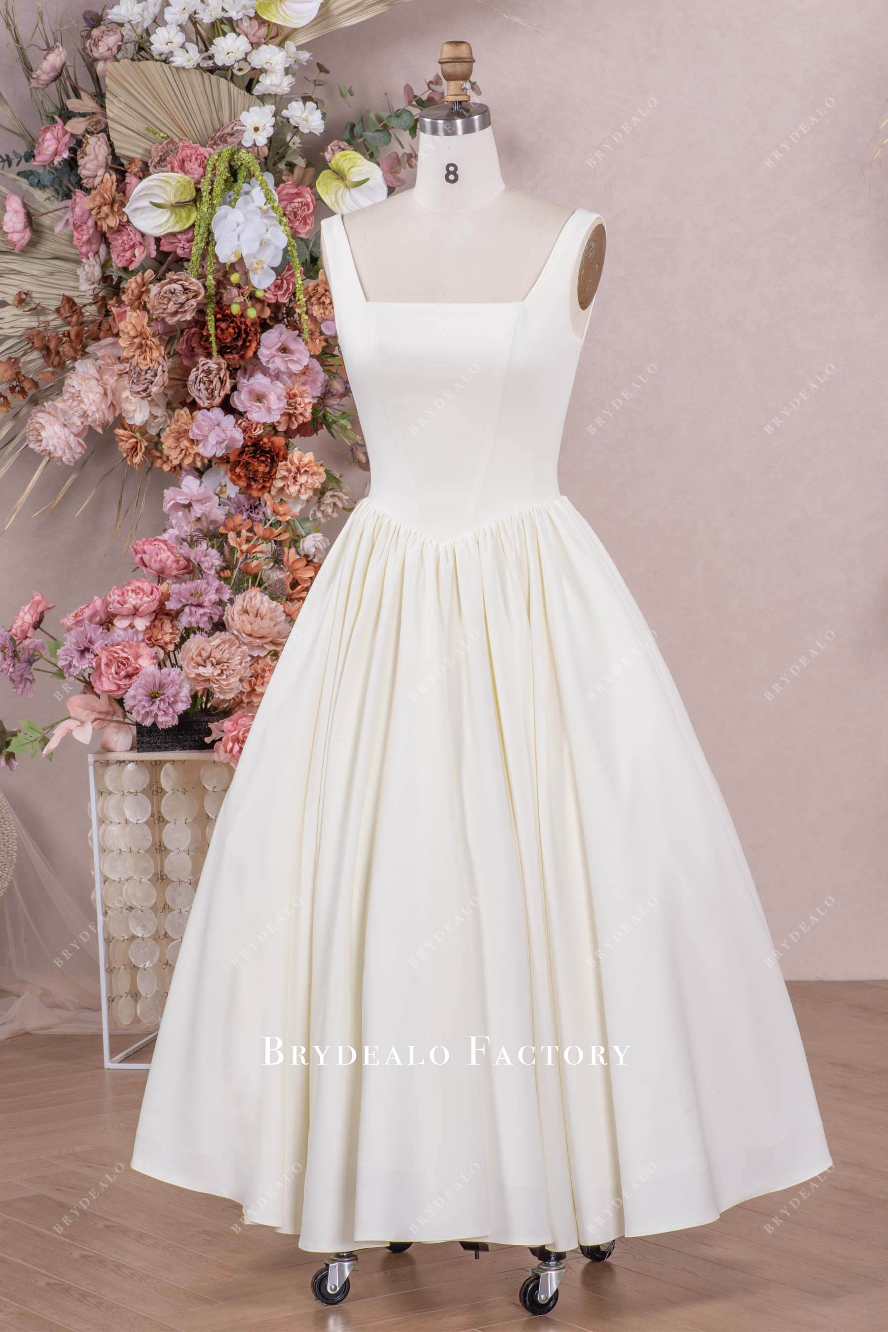 basque waist crepe straps bridal gown