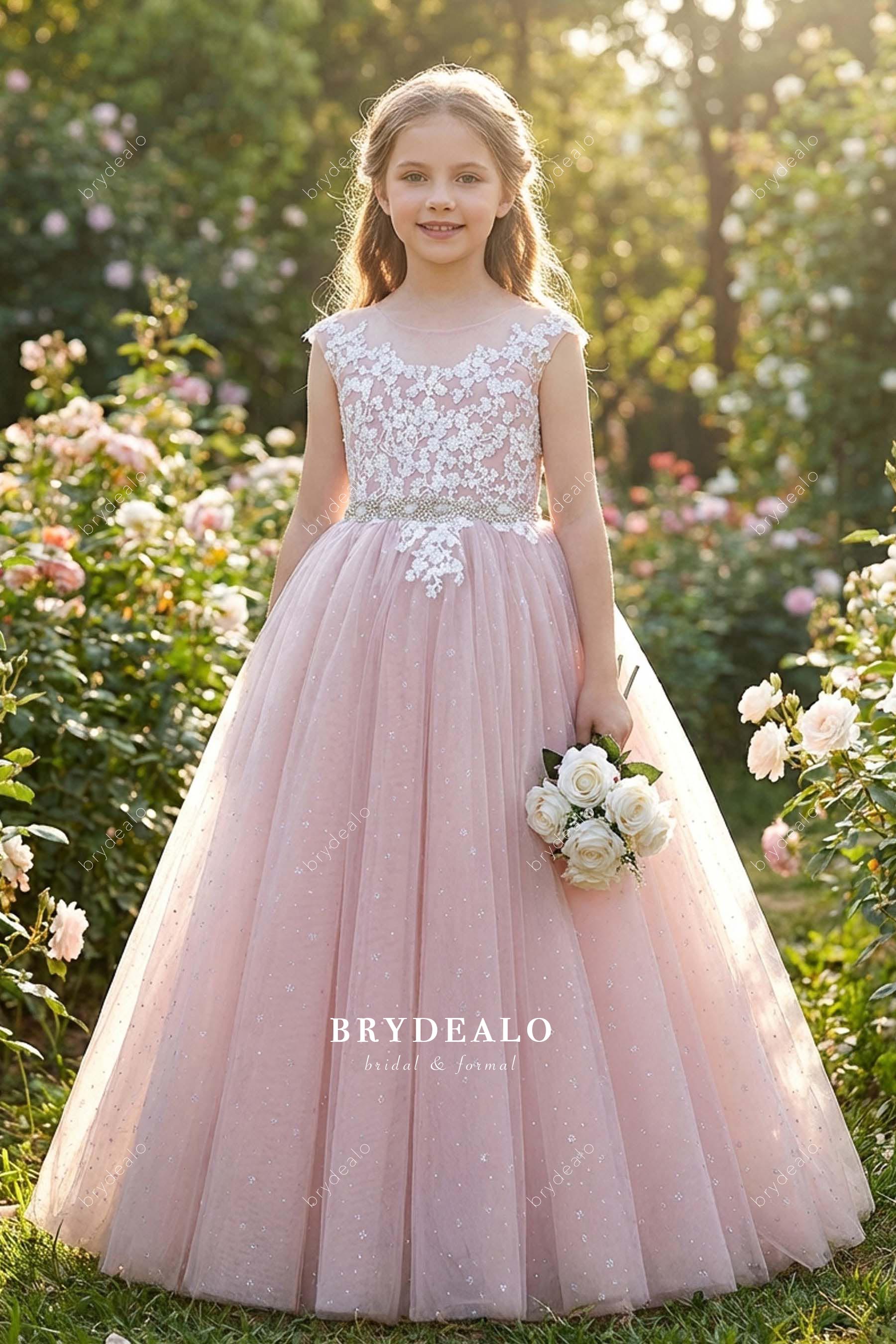 Dusty Mauve Knot Sash Lace Shimmery Tulle Flower Girl Dress