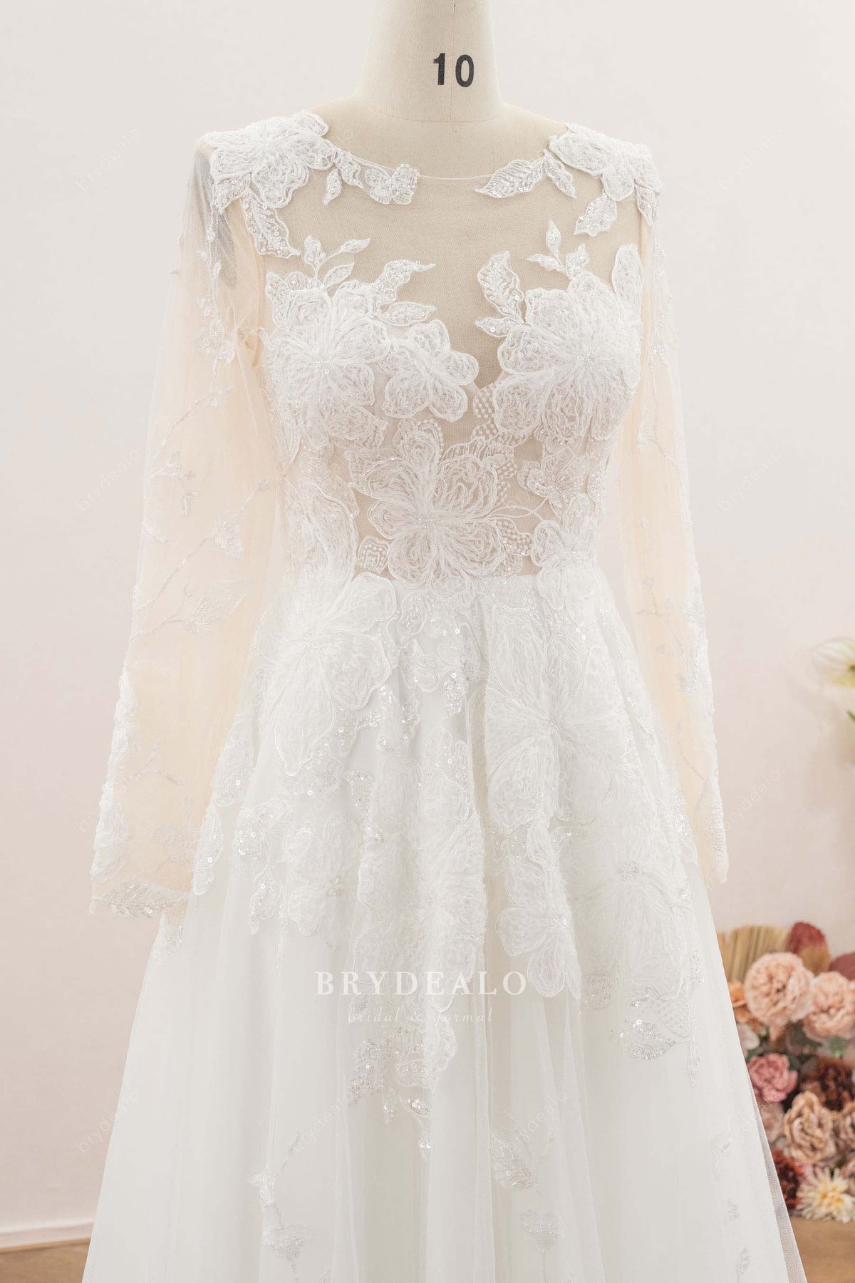 bateau neck sleeved wedding dress