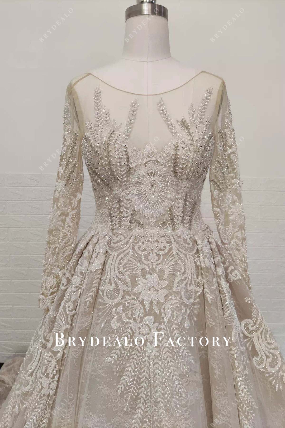 beaded beige lace illusion neck wedding dress