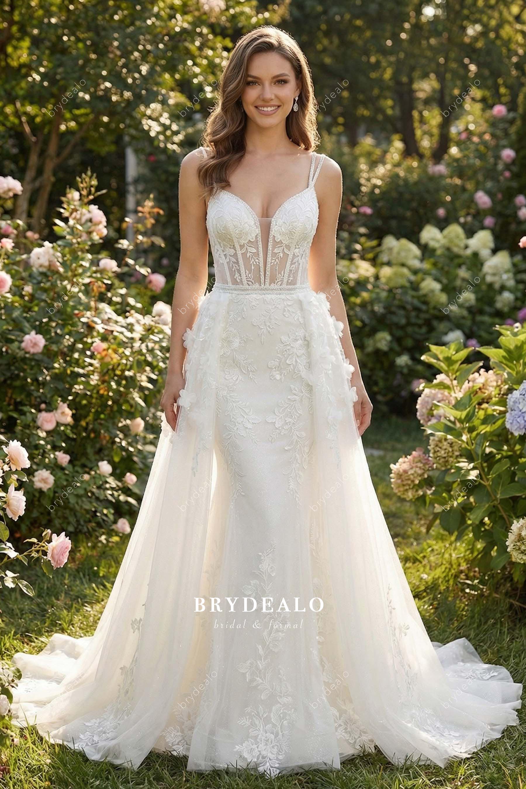 Romantic Mermaid Beaded Plunging Neck Overskirt Wedding Dress Light Ivory / Dress + Overskirt Romantic Mermaid Beaded Plunging Neck Overskirt Wedding Dress Light Ivory / Dress + Overskirt