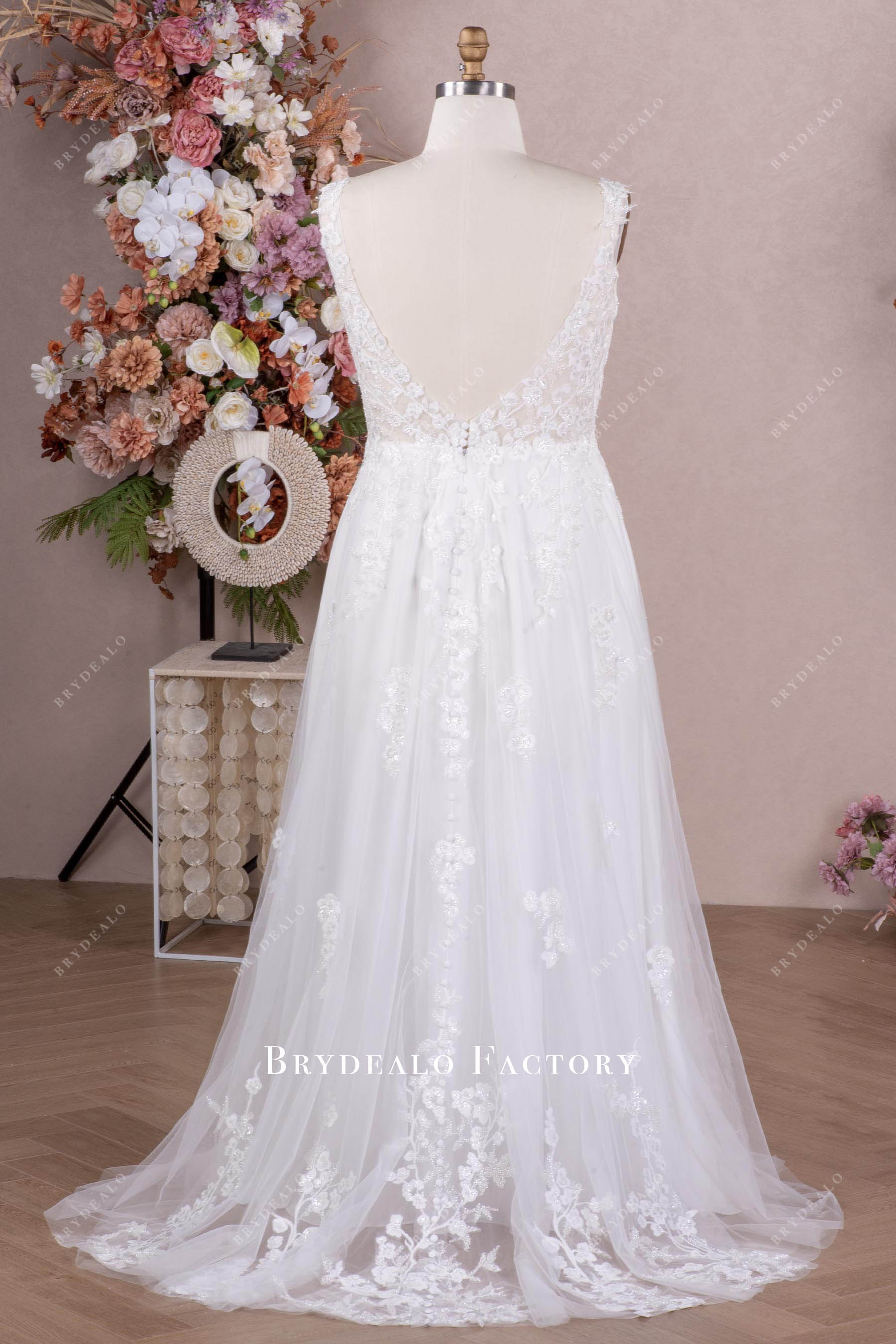 Plus Size Beaded Lace Buttoned Back A-line Wedding Dress