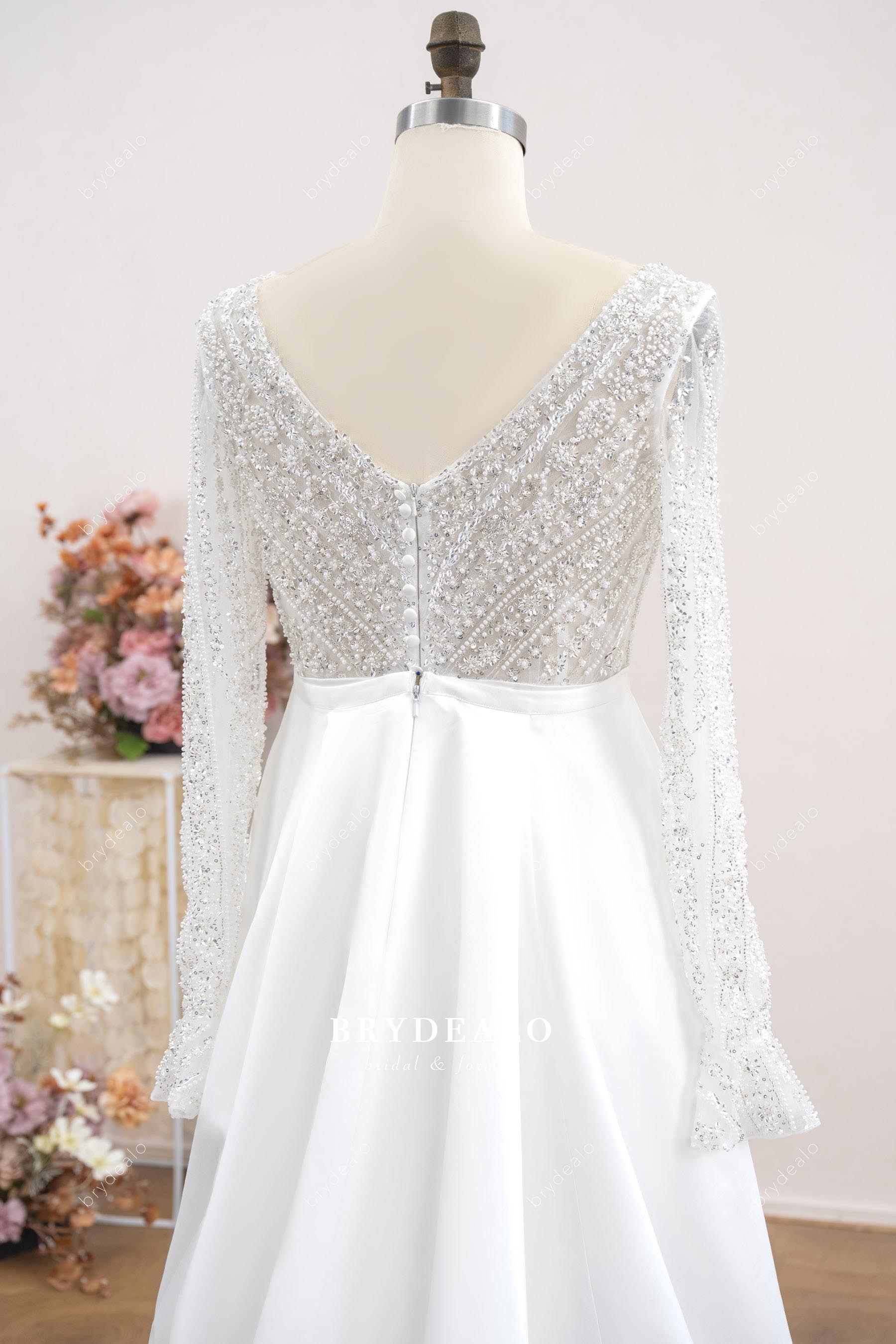 beaded lace buttoned back wedding dress