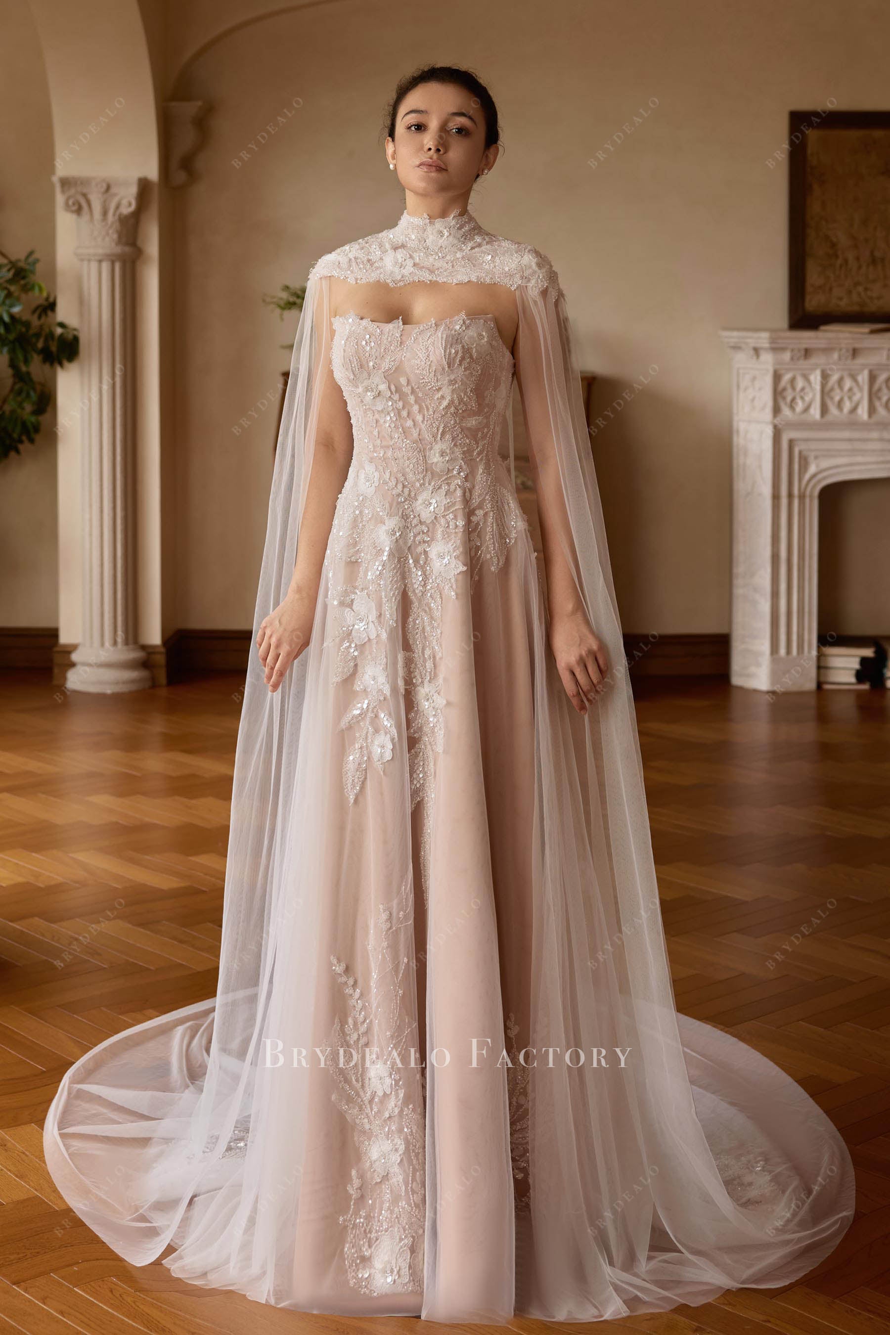 beaded lace cape wedding dress