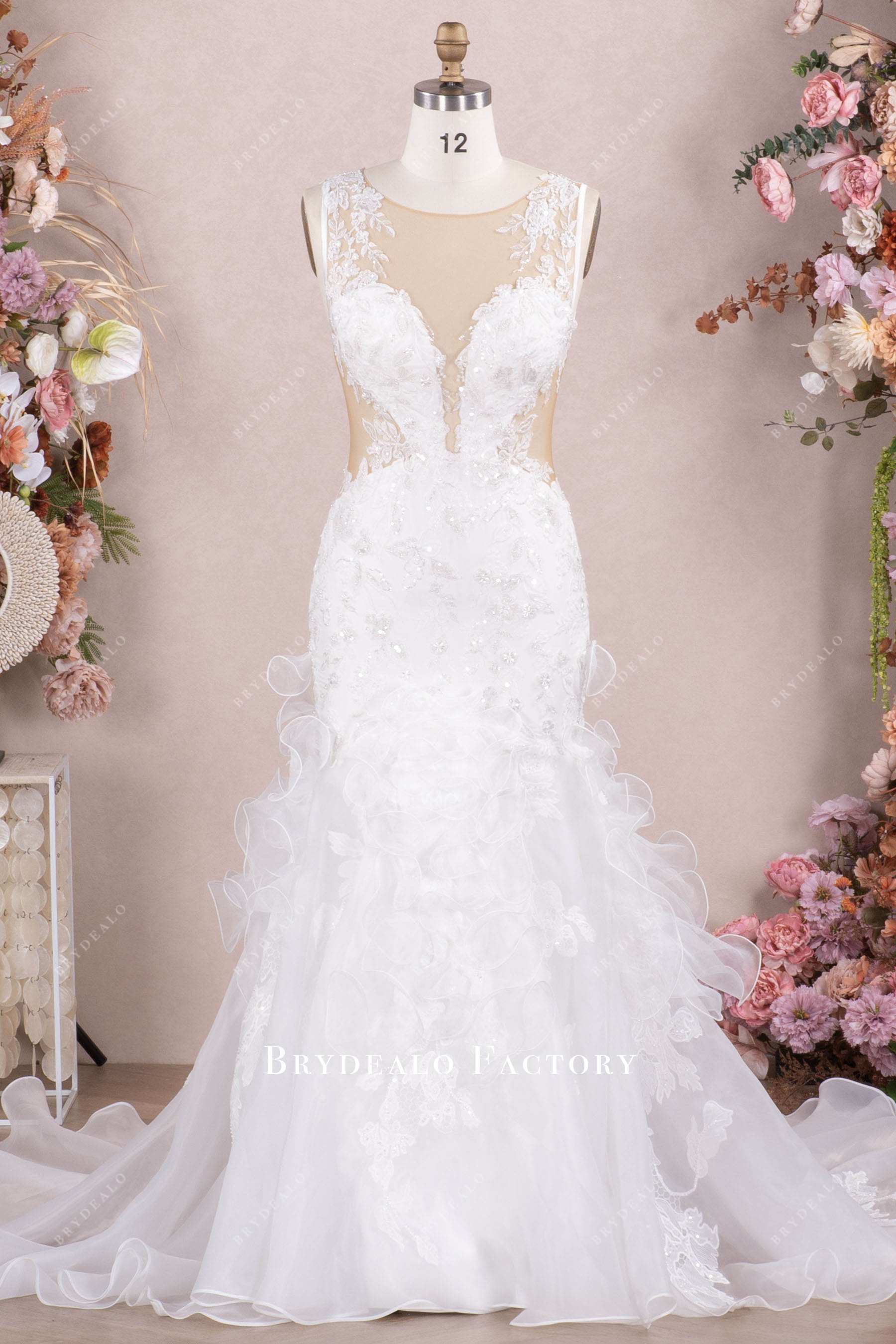 AI-inspired Beaded Lace Cutout Organza Ruffled Wedding Dress AI-inspired Beaded Lace Cutout Organza Ruffled Wedding Dress