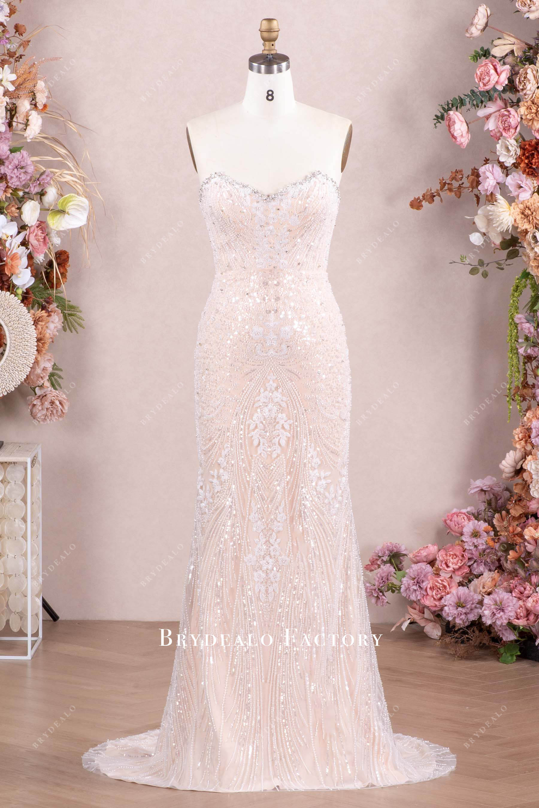 Sparkly Beaded Lace Rhinestone Sweetheart Neck Wedding Dress Light Ivory