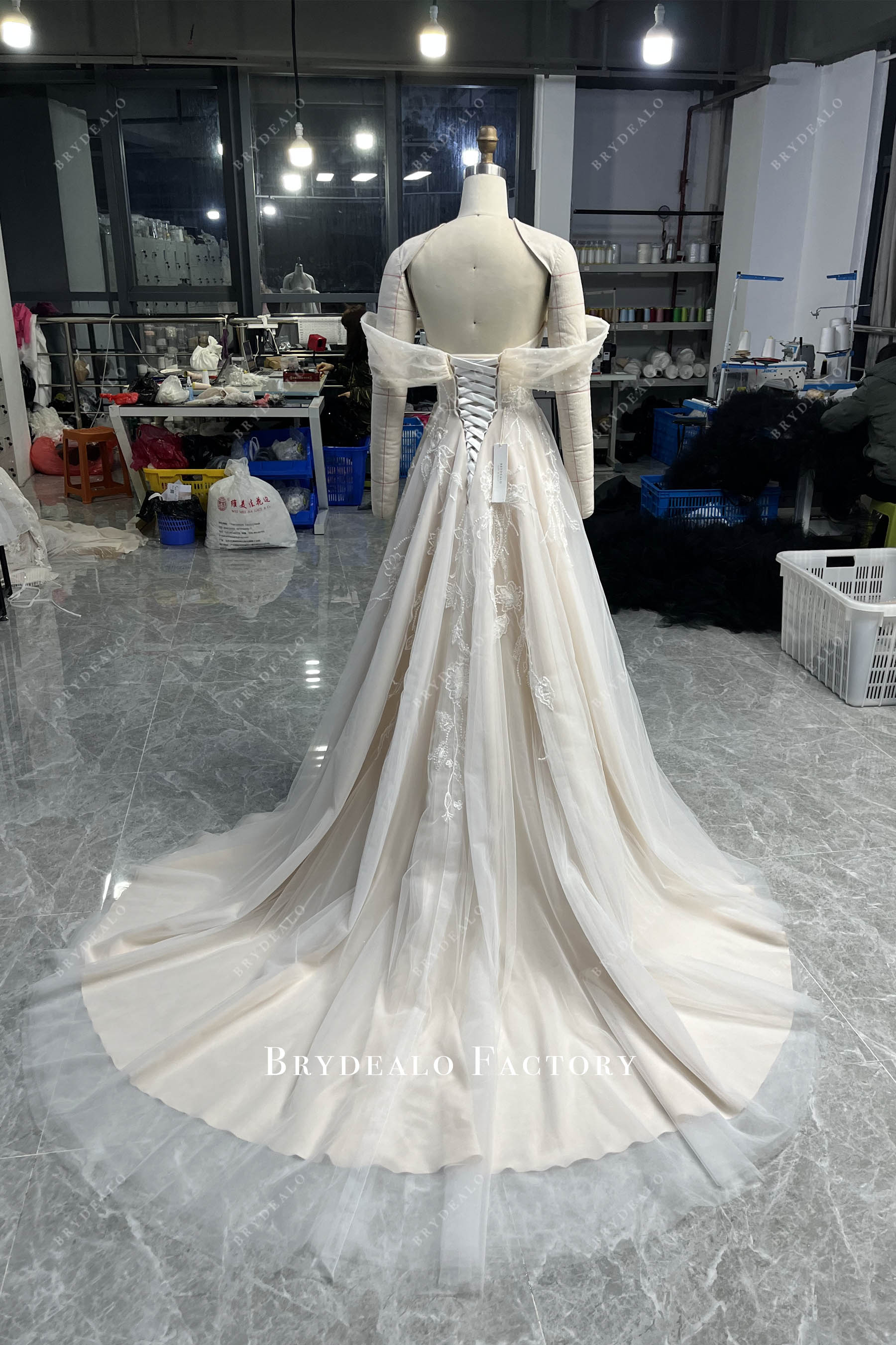 beaded lace long tulle bridal gown
