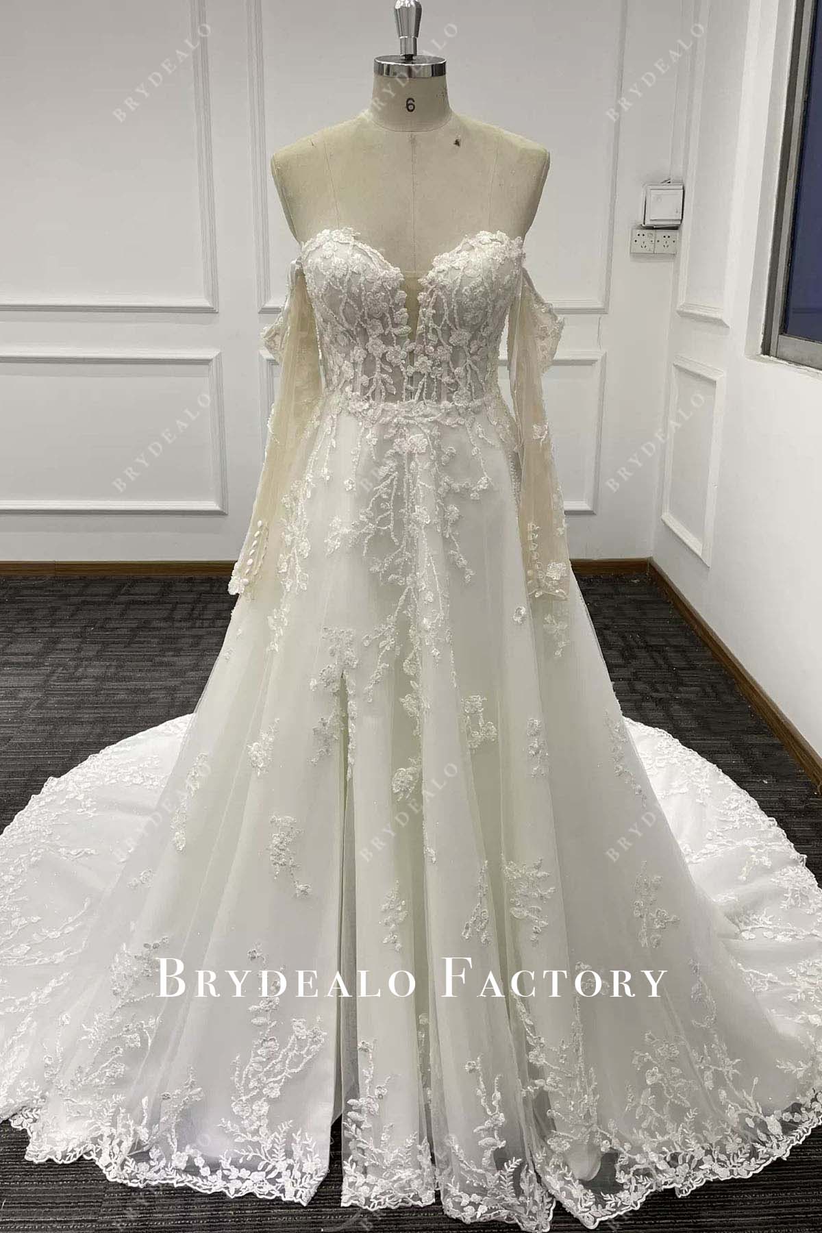 beaded lace off shoulder a line wedding dress
