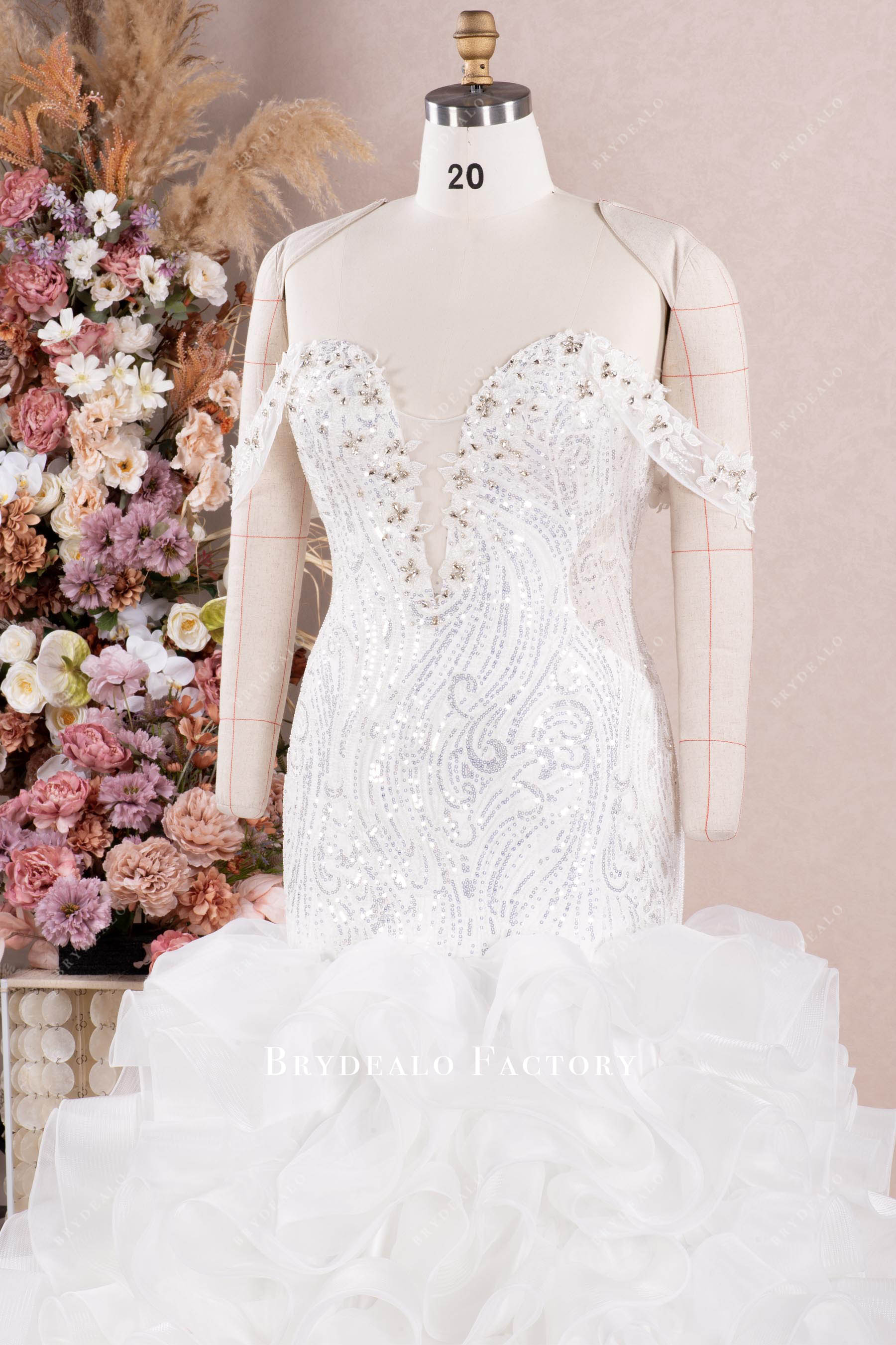 beaded lace off shoulder wedding dress