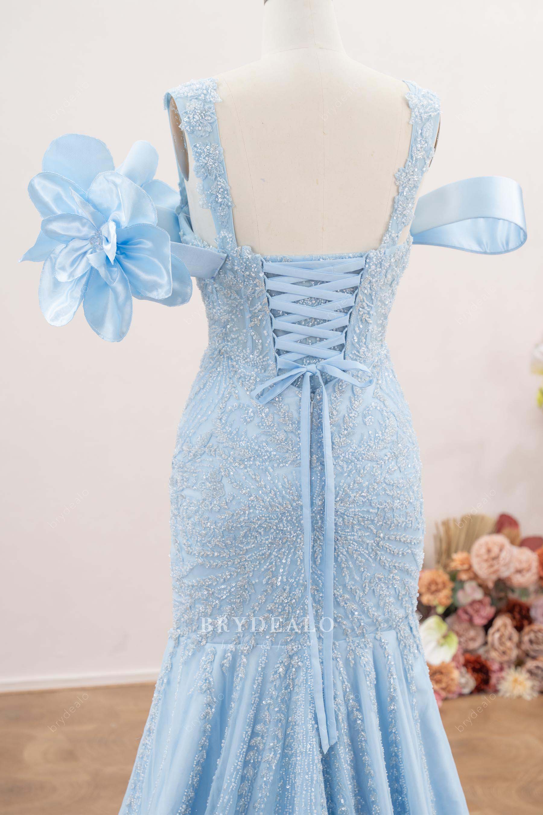 beaded lace strap flower prom dress
