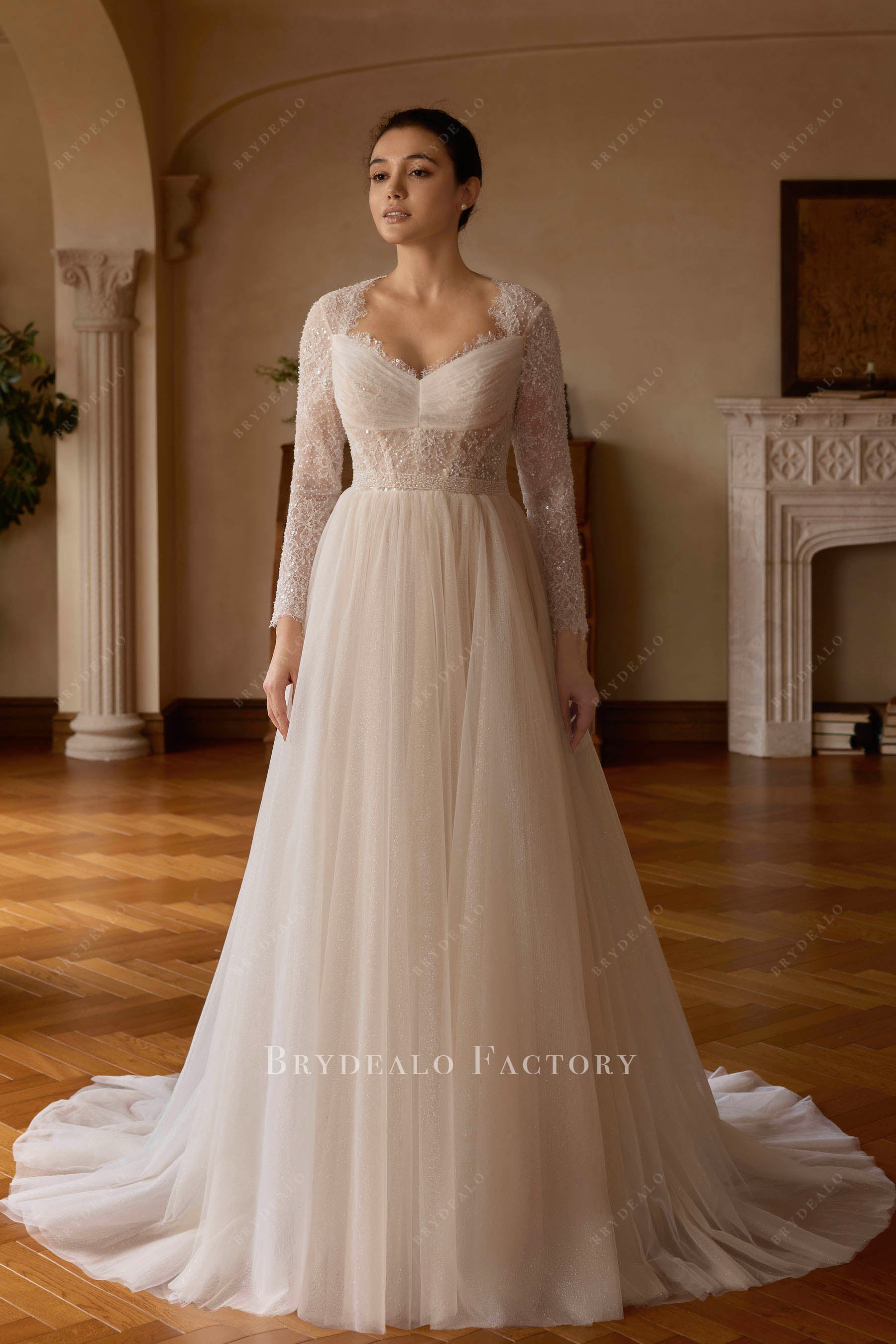 beaded lace tulle A-line wedding dress