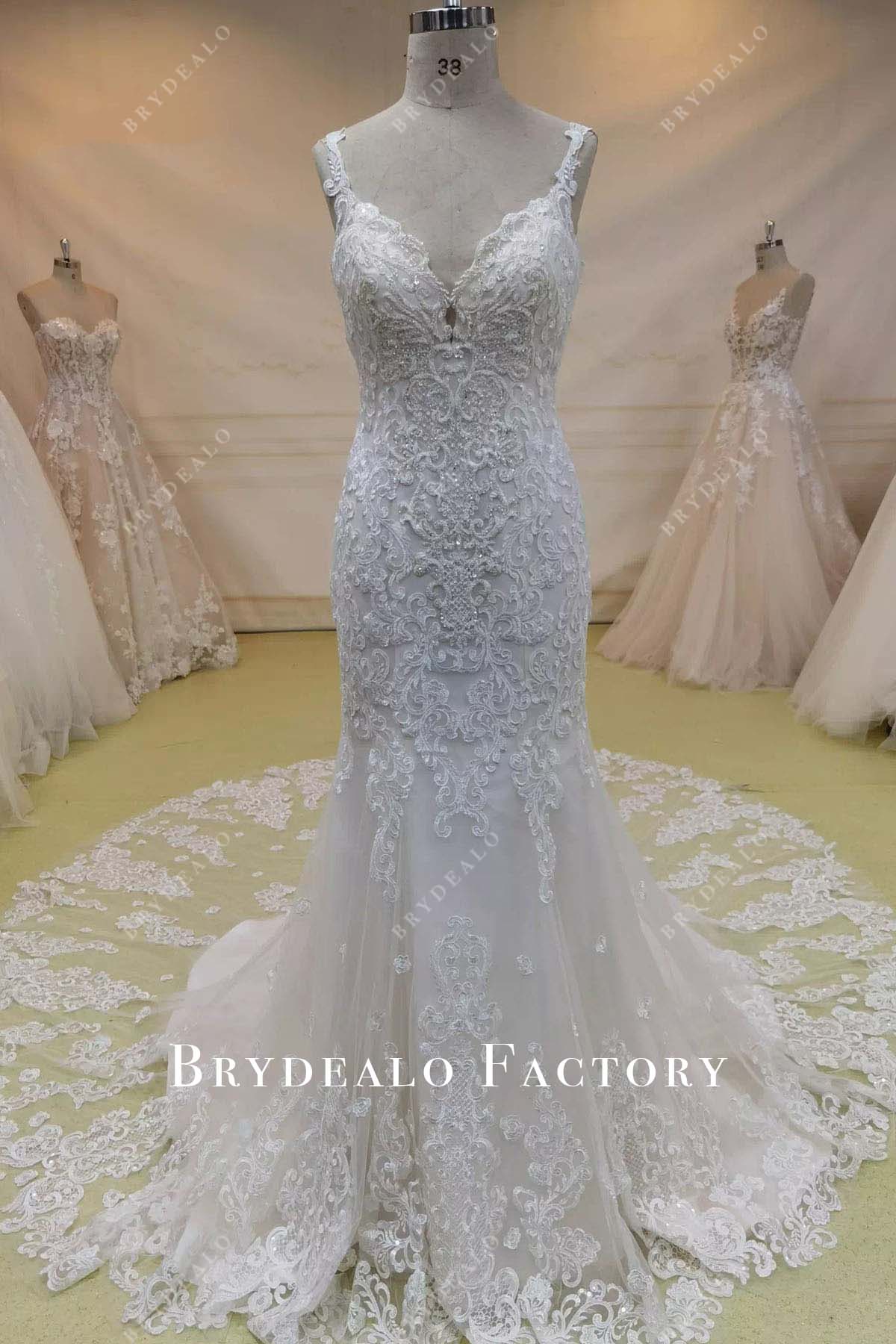 beaded lace v neck mermaid wedding dress