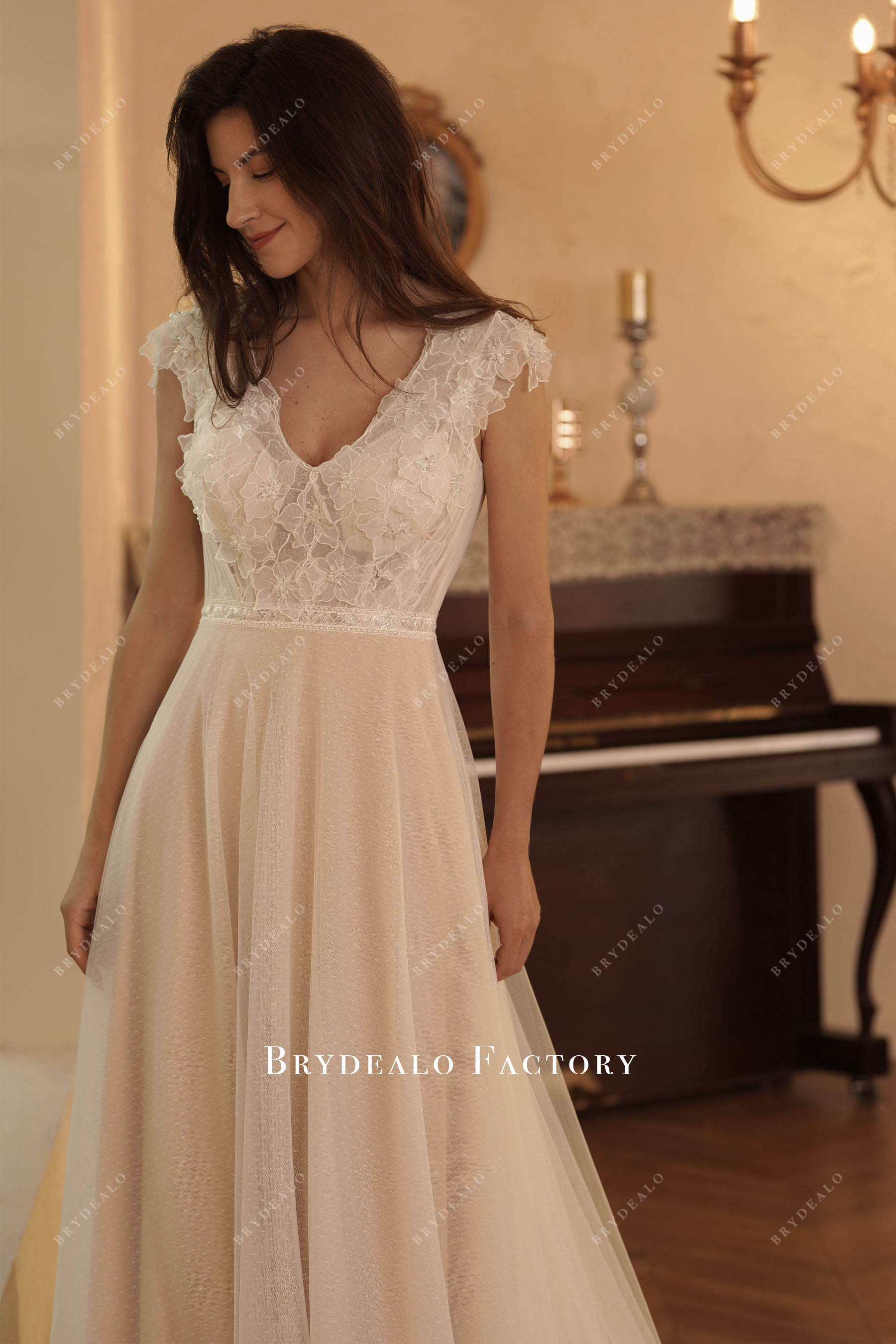 beaded large flower lace wedding dress