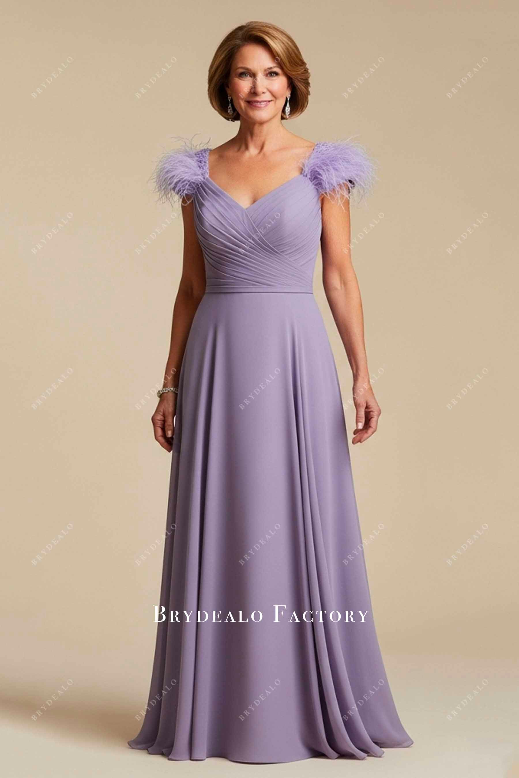 Lavender Ostrich Feather Beaded Straps Chiffon Formal Dress