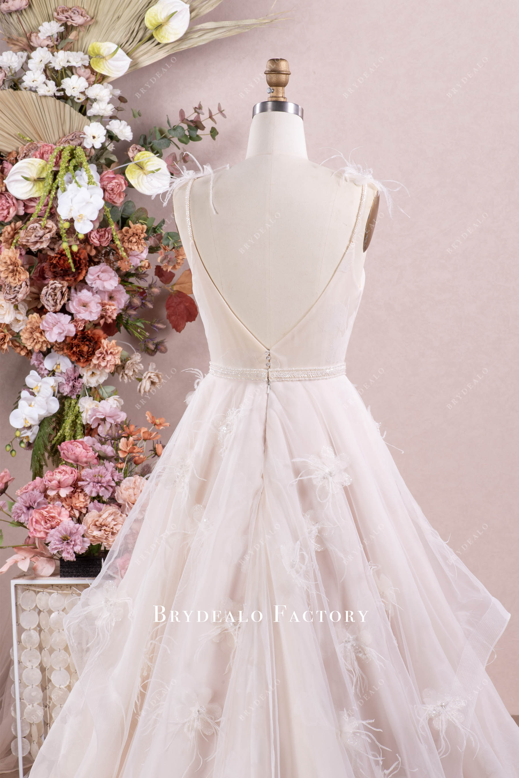 Lotus Organza Feather Flowers Ruffled A-line Wedding Dress