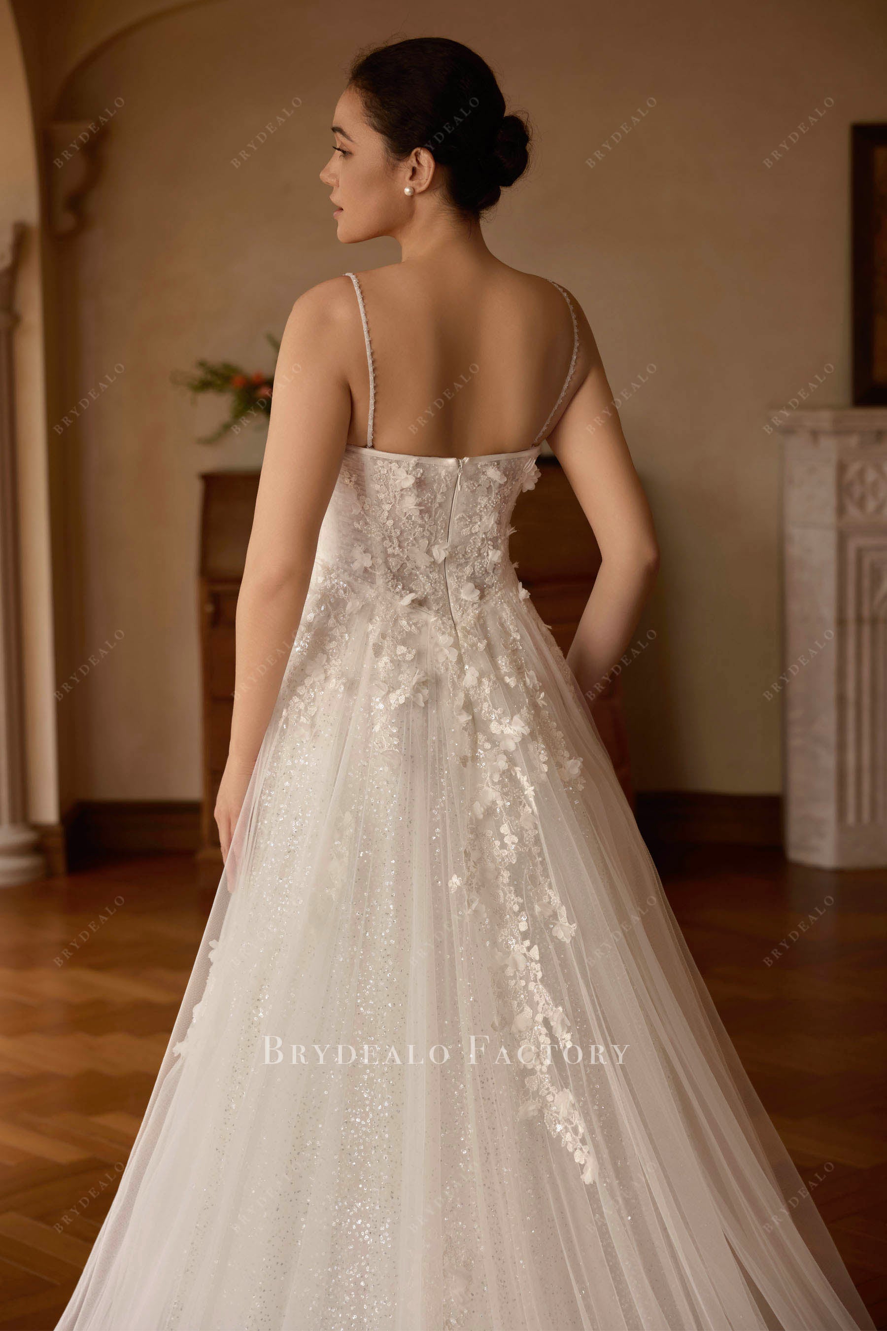beaded spaghetti straps wedding dress