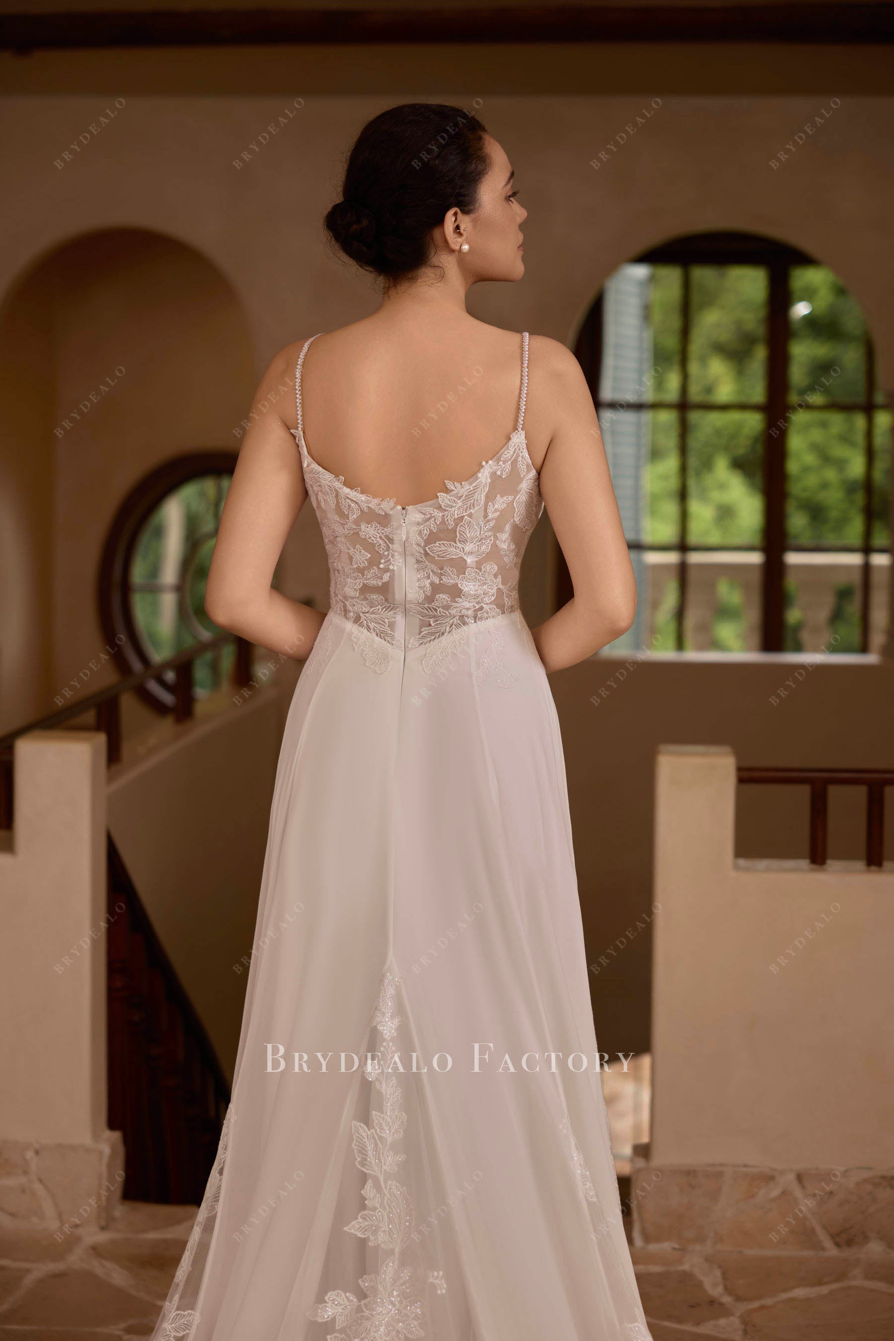 beaded straps lace back wedding dress