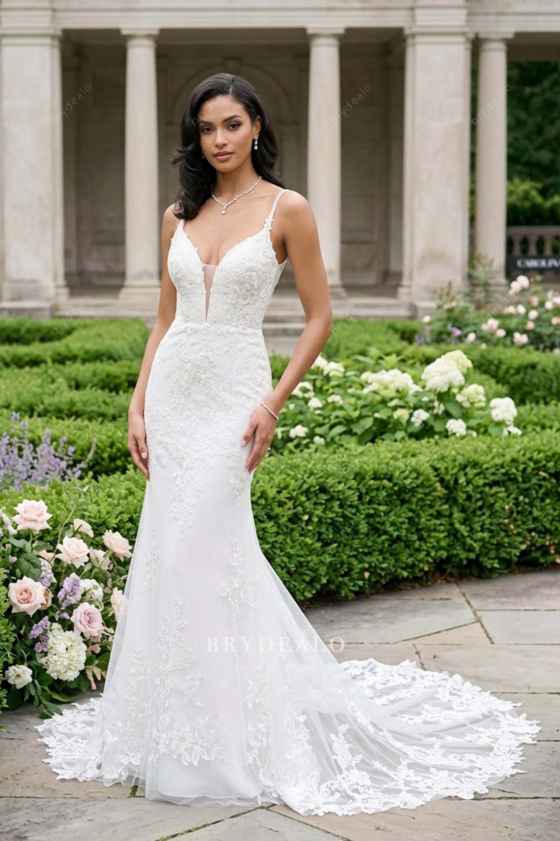 beaded straps mermaid lace wedding dress