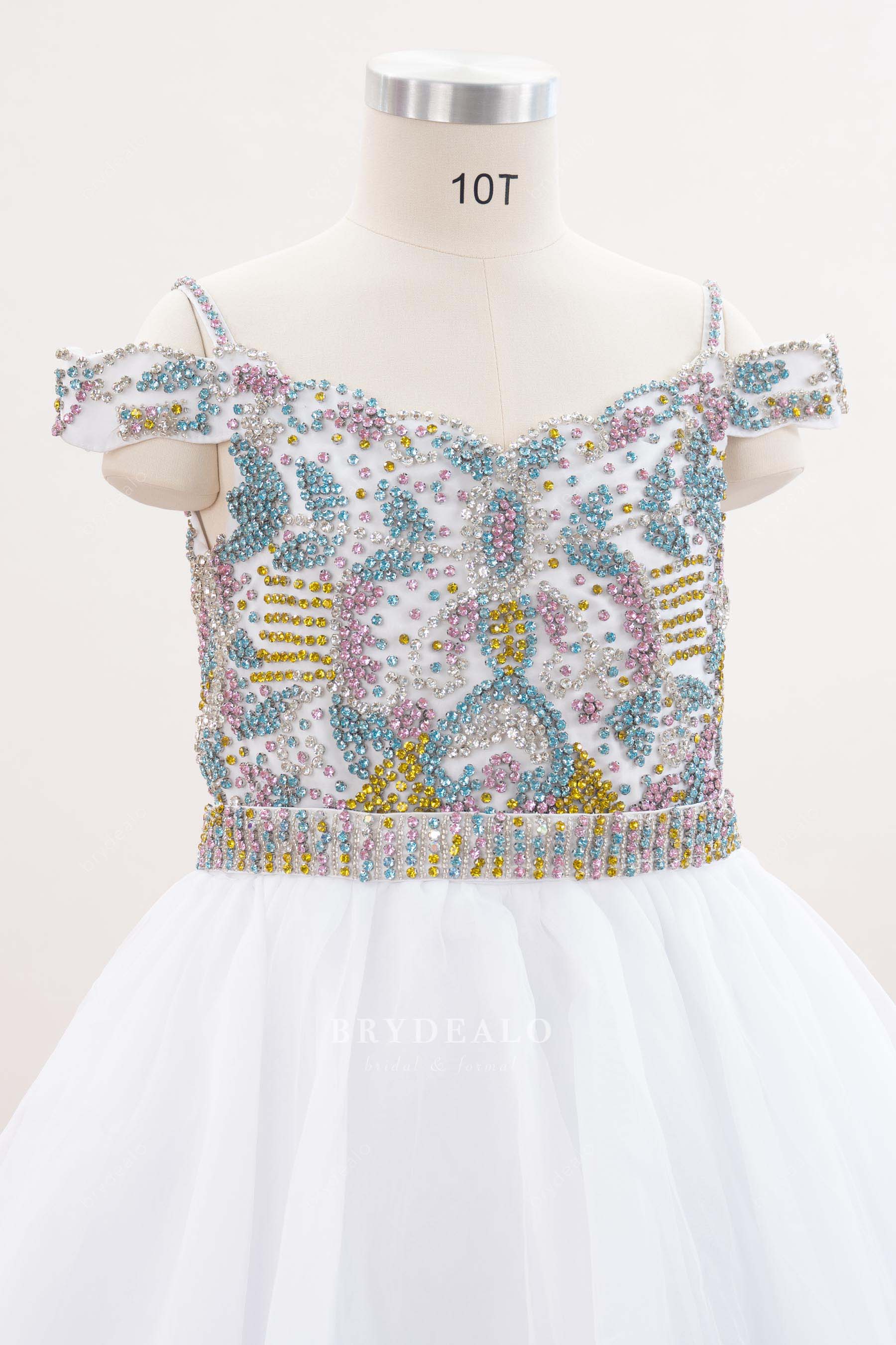 beaded straps off-shoulder kids formal dress