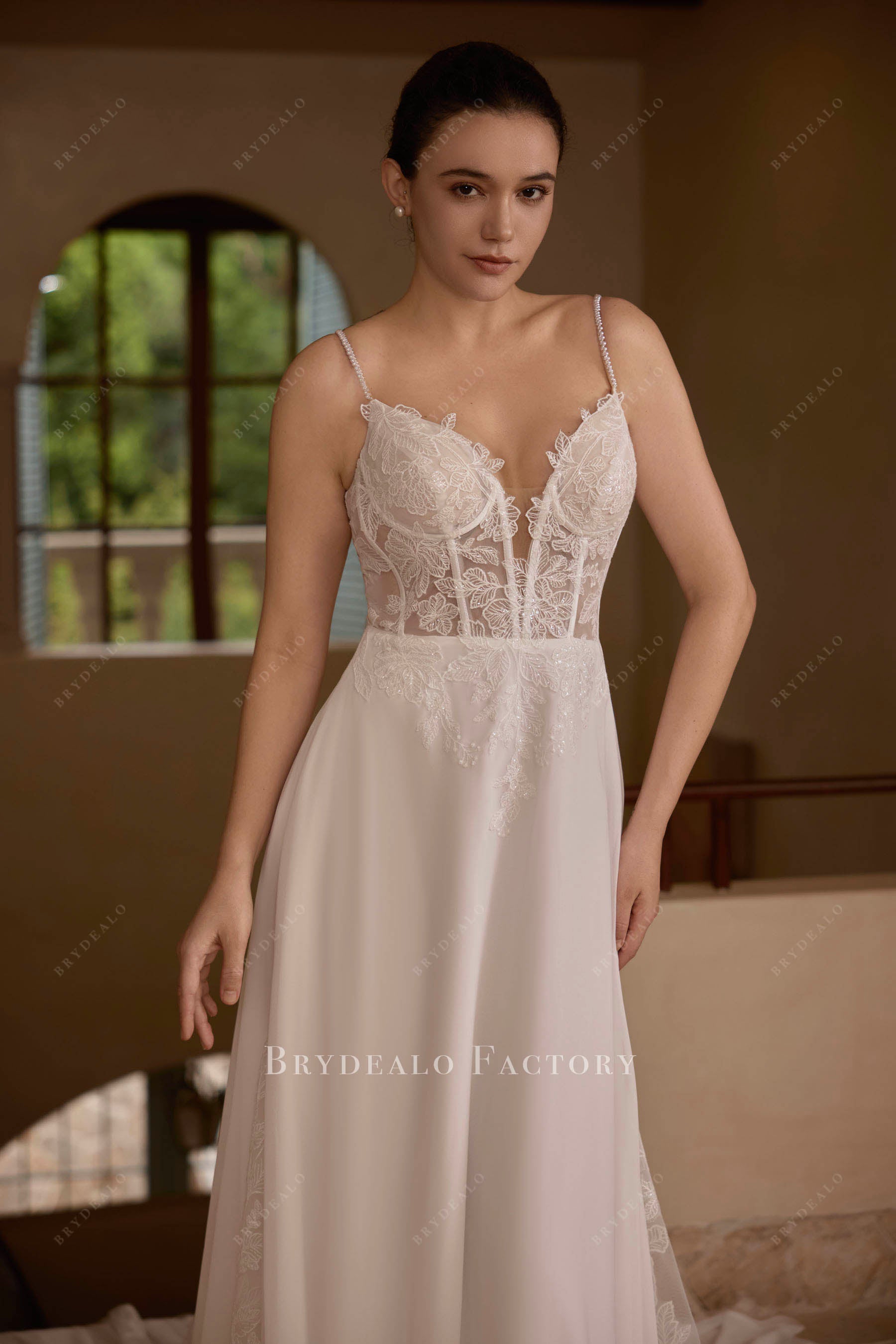 Illusion Lace Top Chiffon A-Line Godet Cathedral Wedding Dress
