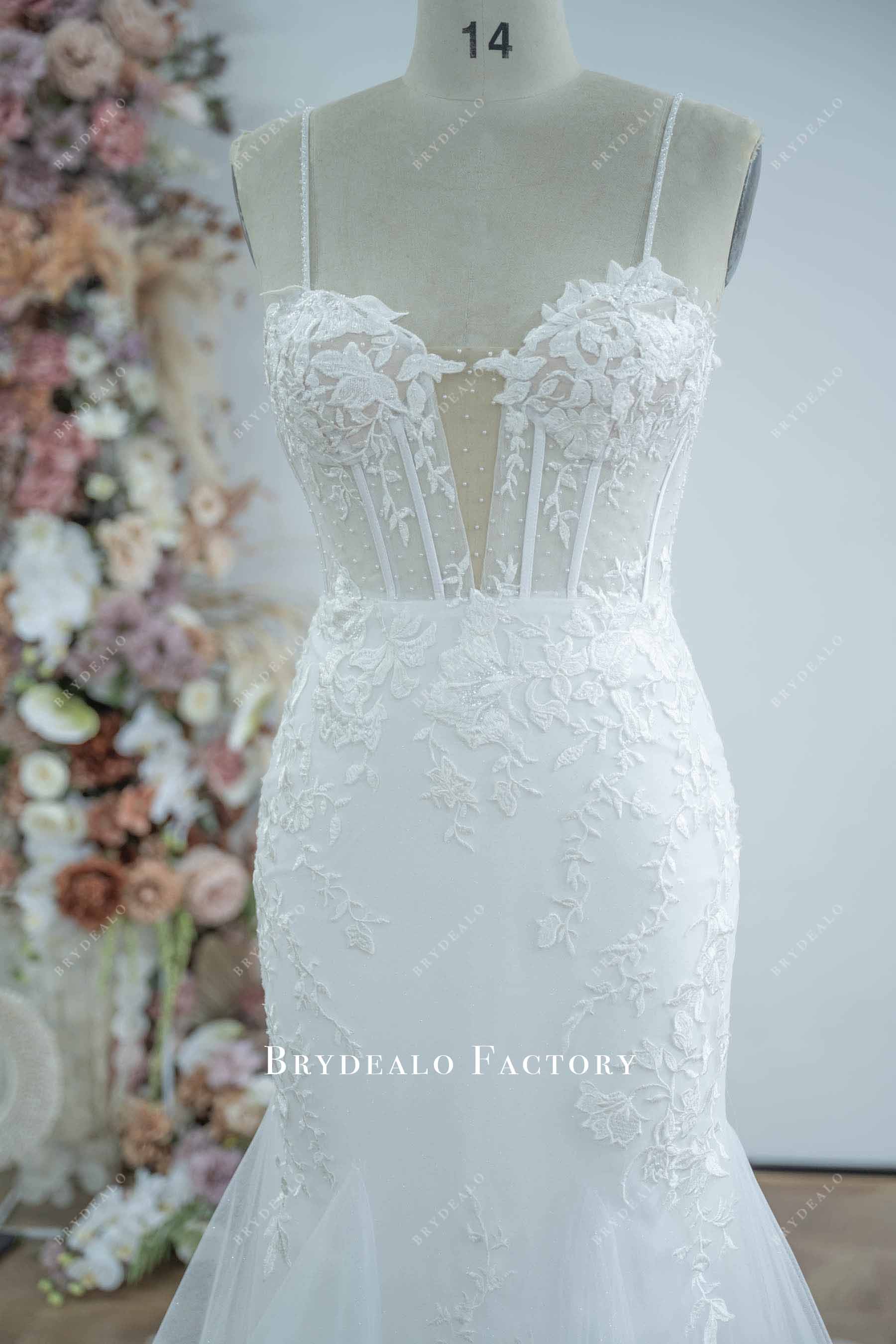 beaded thin straps lace wedding dress