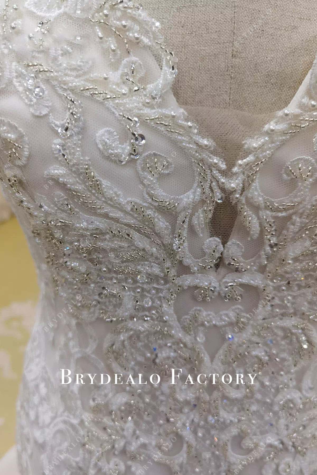 beaded v neck lace wedding dress