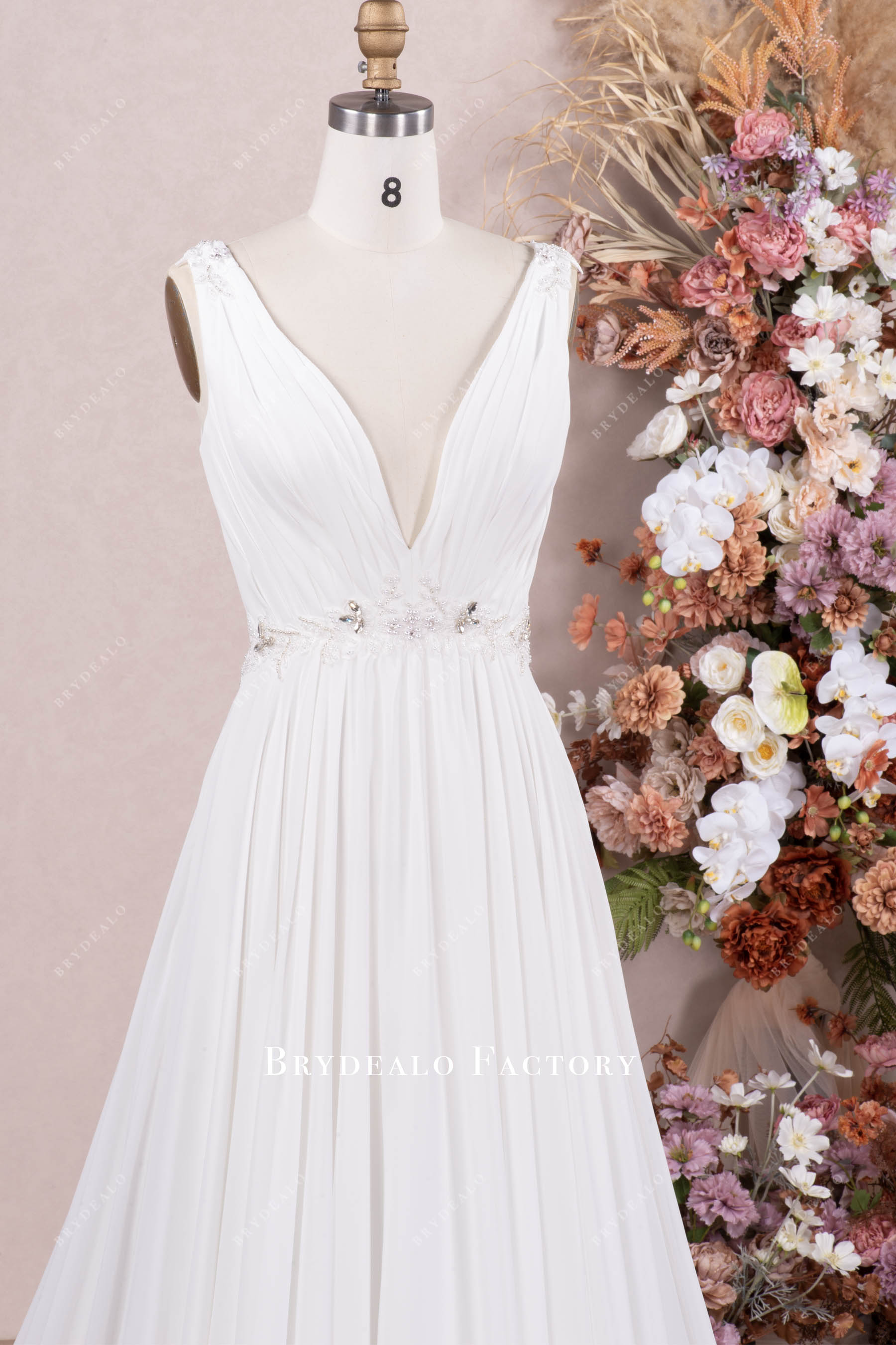 beaded waist sleeveless wedding dress