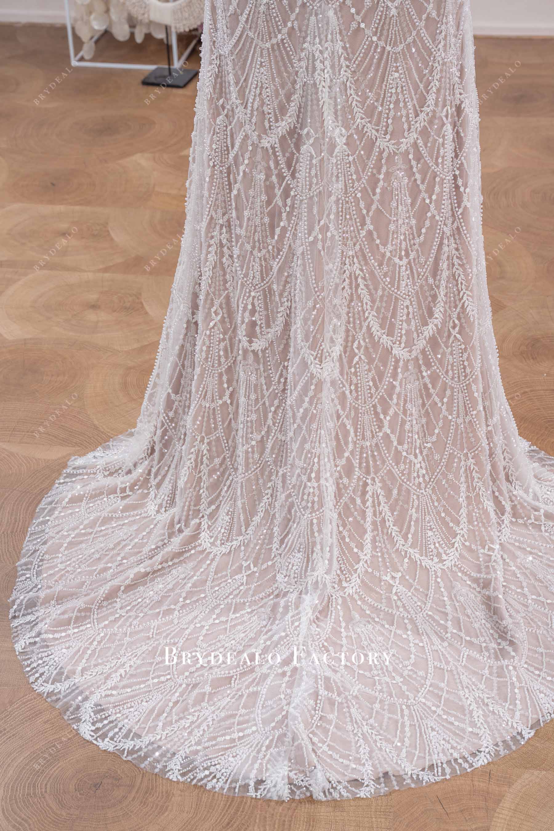 beaded wave lace sweep train wedding dress