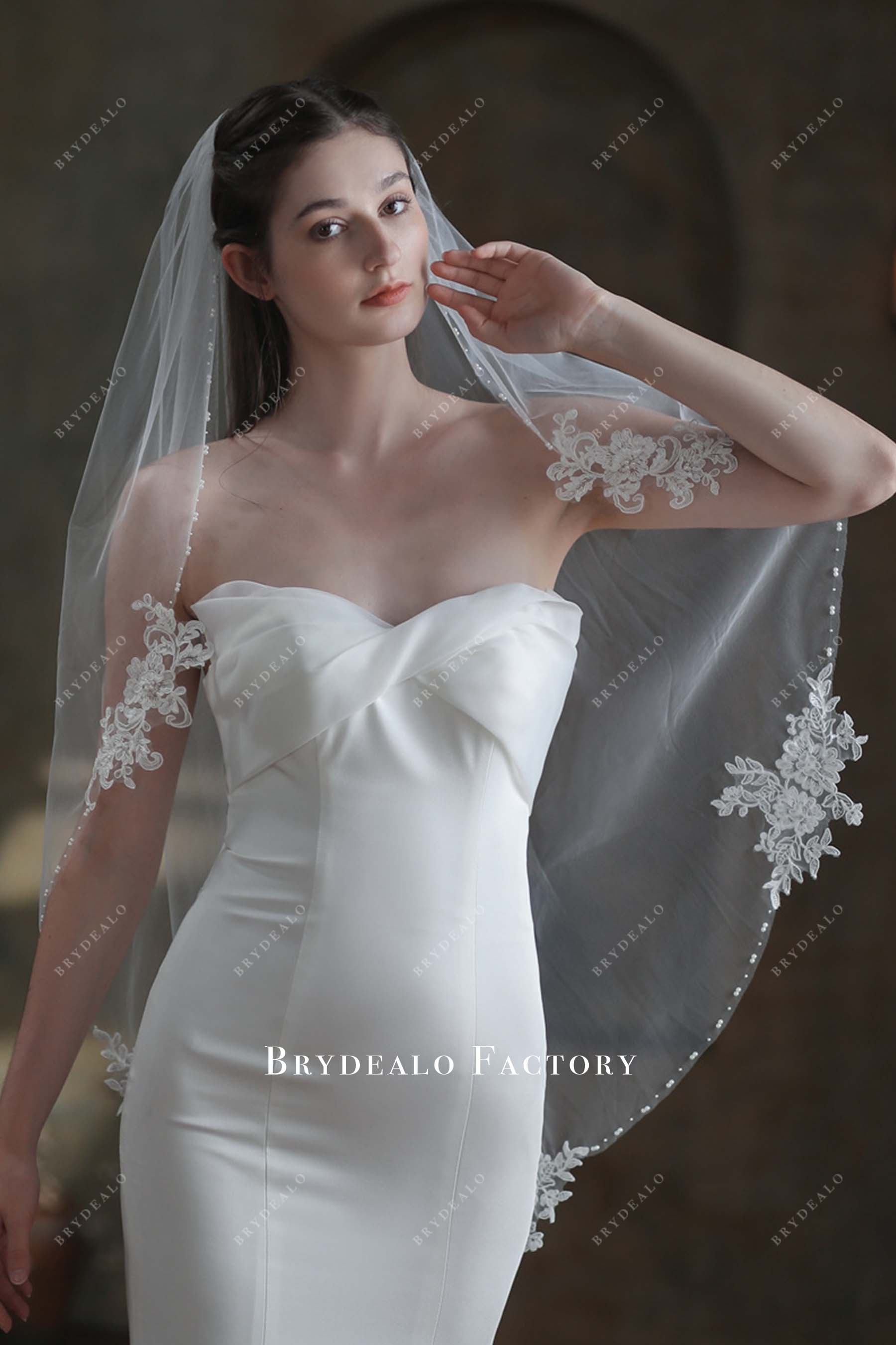 beading fingertip length bridal veil