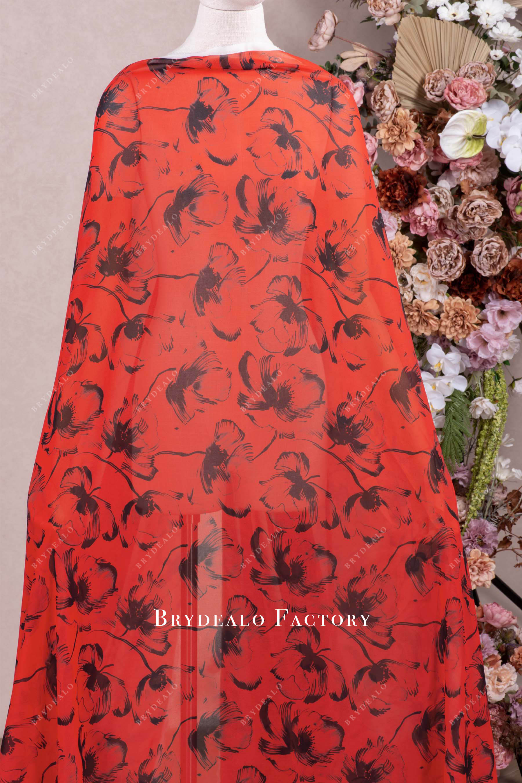 Black Floral Print Red Chiffon Fabric For Semi-Formal Gowns Black Floral Print Red Chiffon Fabric For Semi-Formal Gowns
