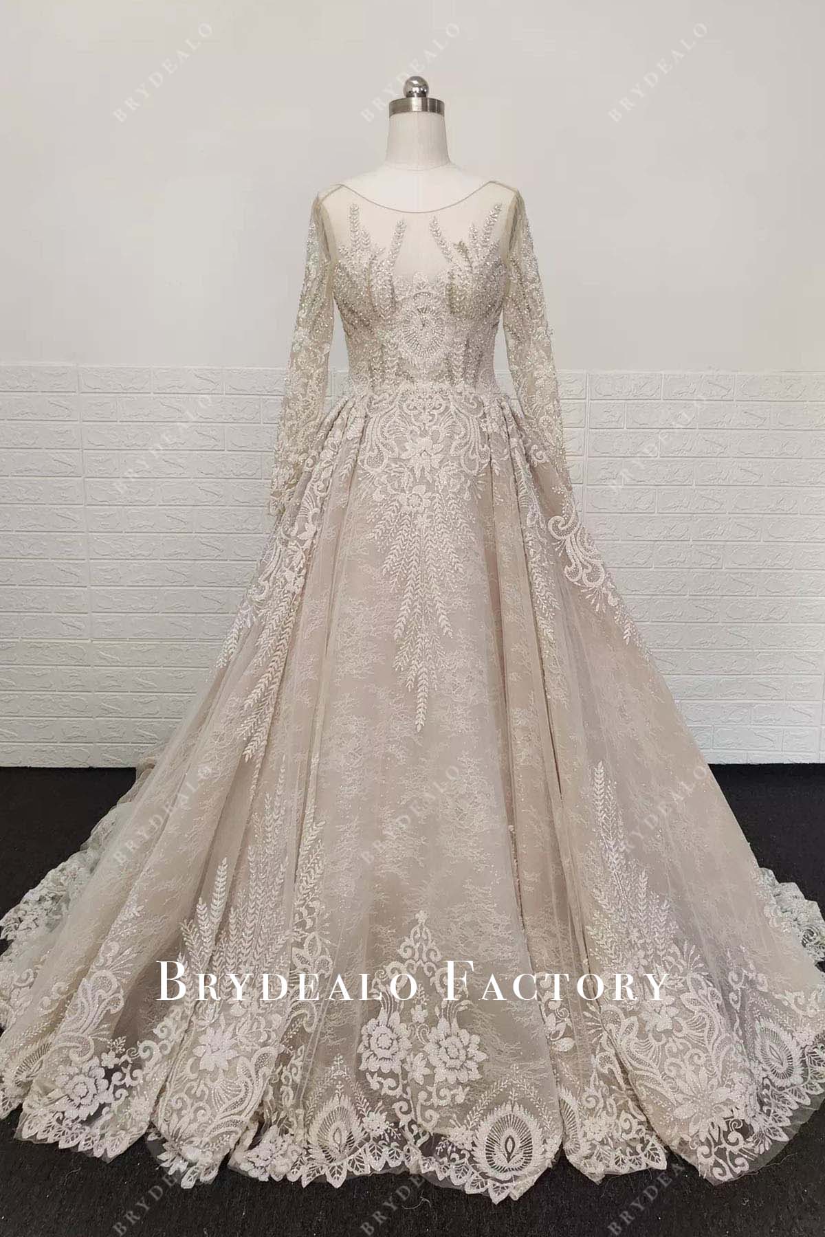 beige lace long sleeves wedding dress
