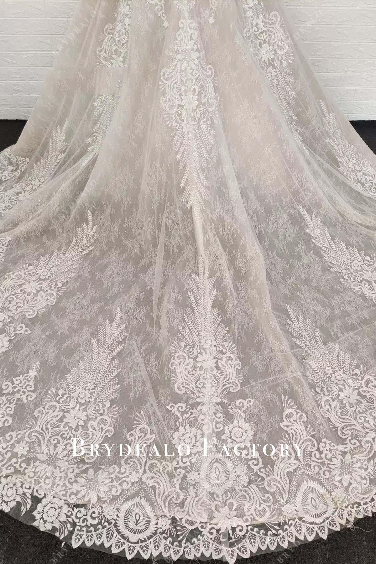 beige lace long train wedding dress