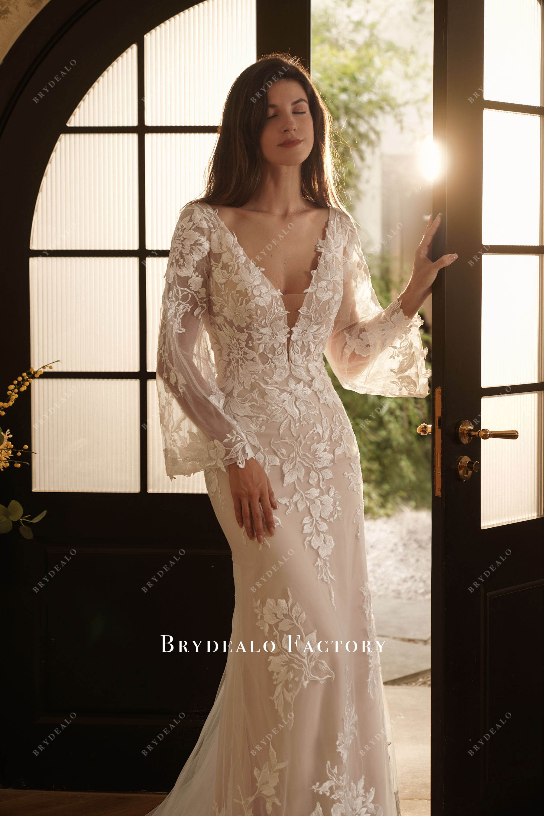 Romantic Bell Sleeve Plunging Flower Lace Wedding Dress Light Ivory, image size:1800x2700
