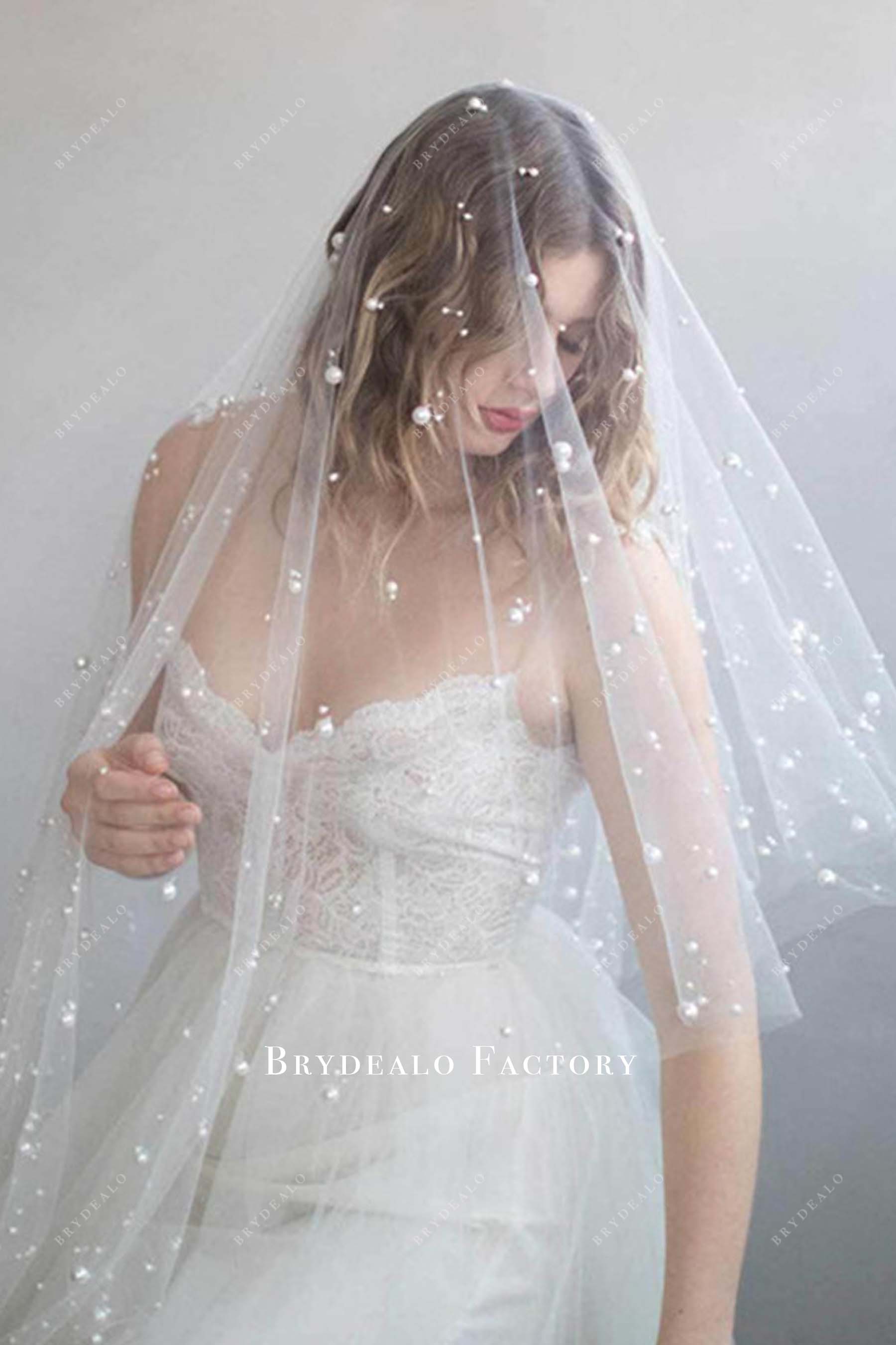 Multi-sized Pearls Raw Cut Wedding Veil