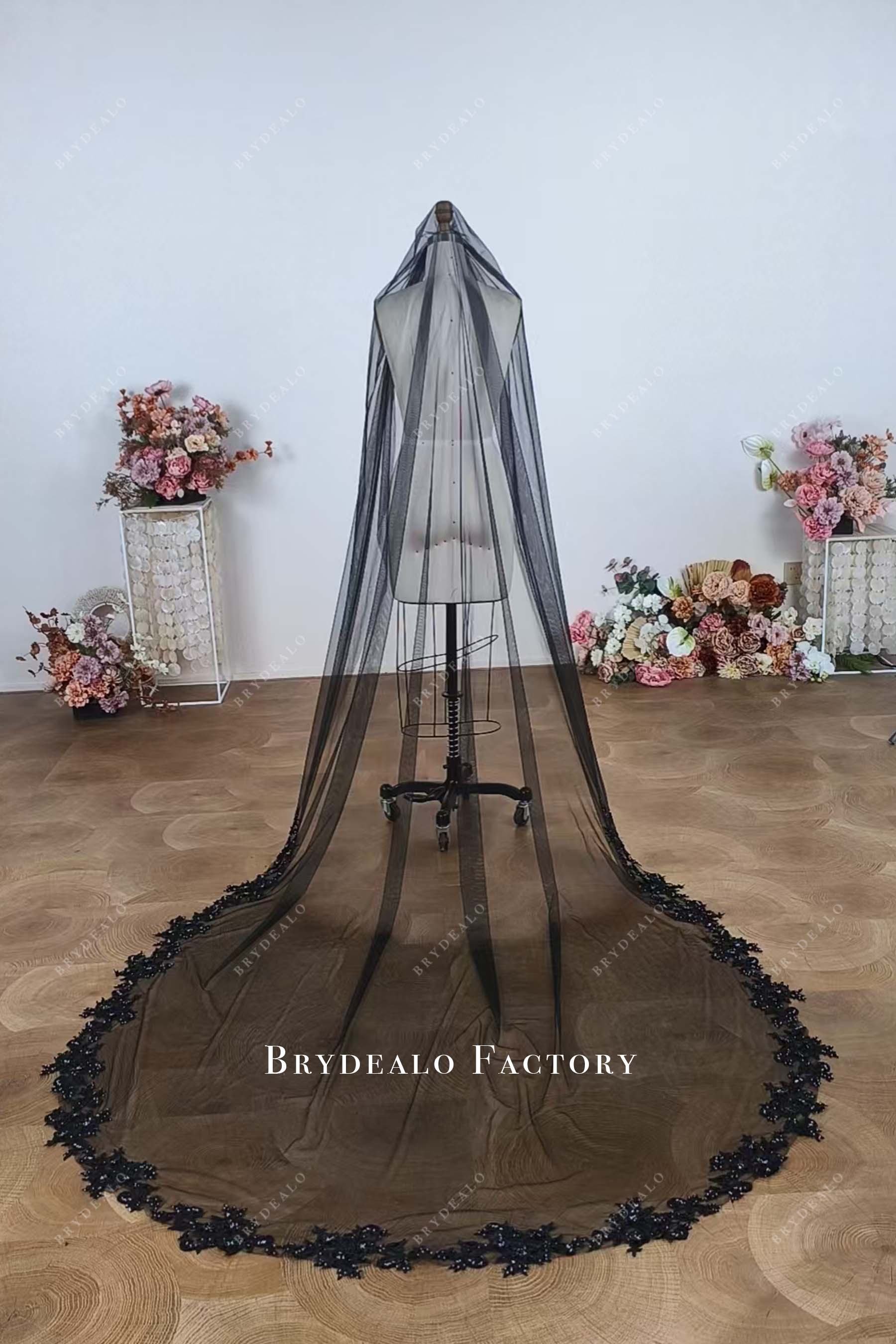 Black Appliques Single Tier Cathedral Length Bridal Veil