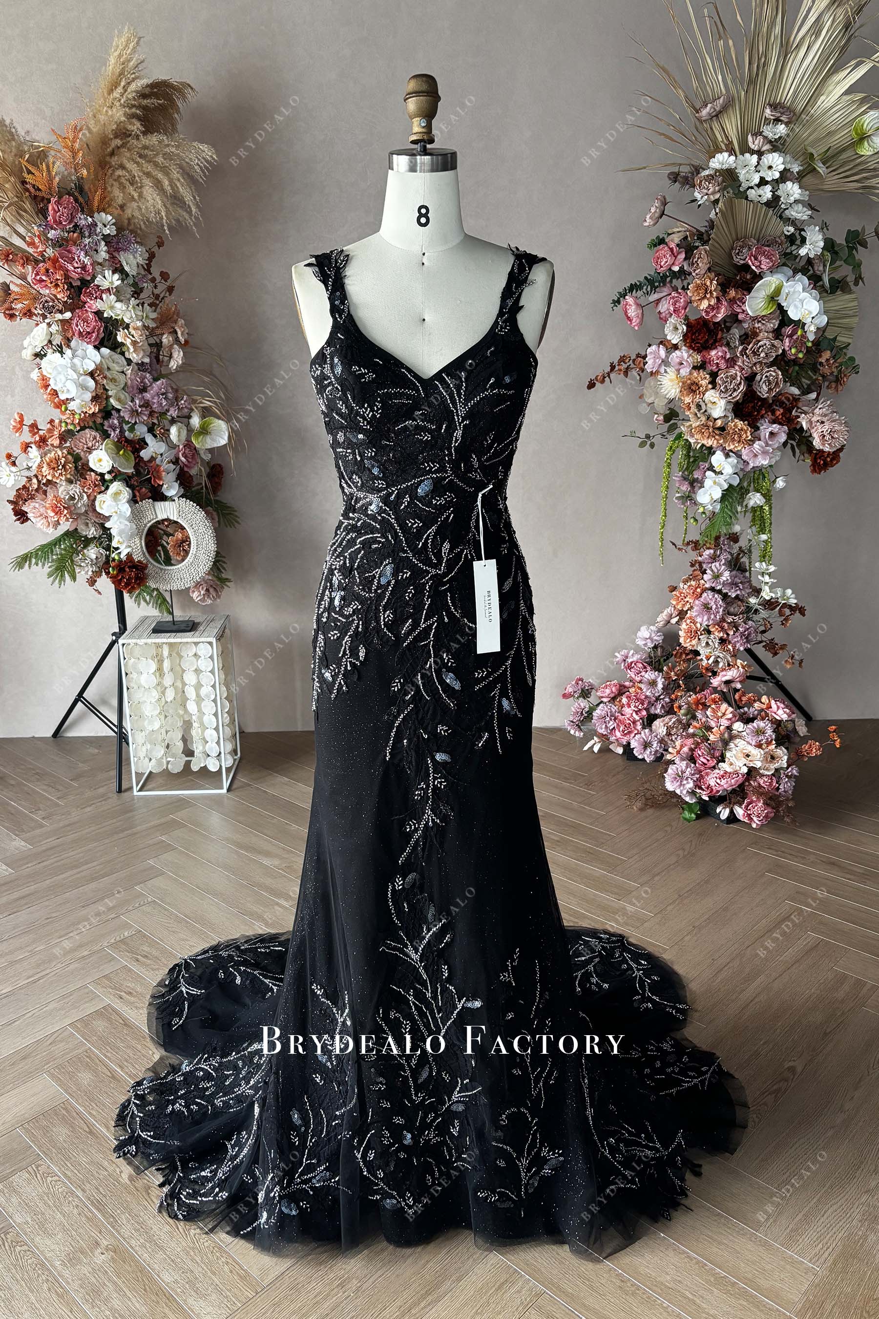 Private Label Black Beaded Lace Custom Mermaid Wedding Dress Light Ivory