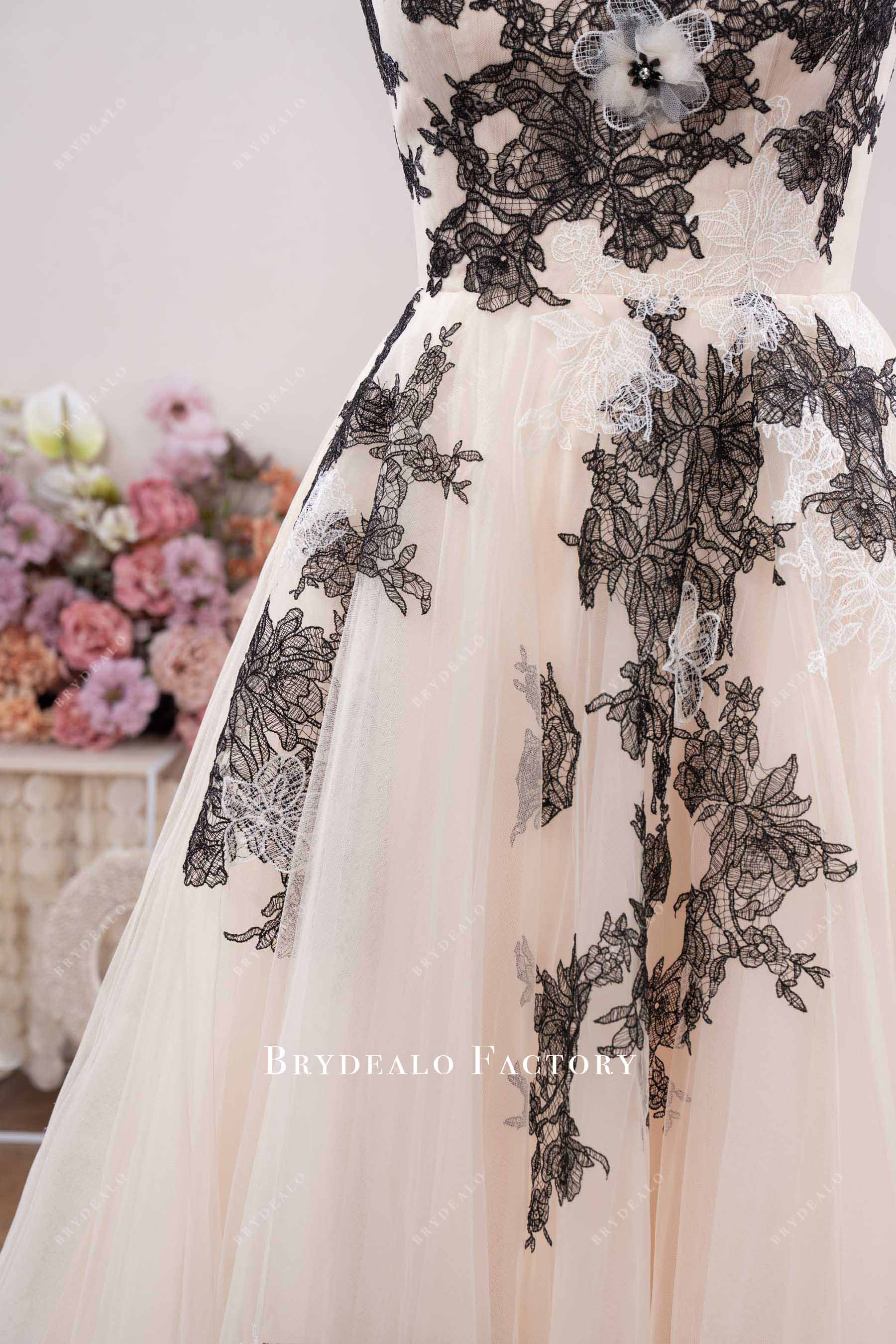 black flower white lace wedding dress