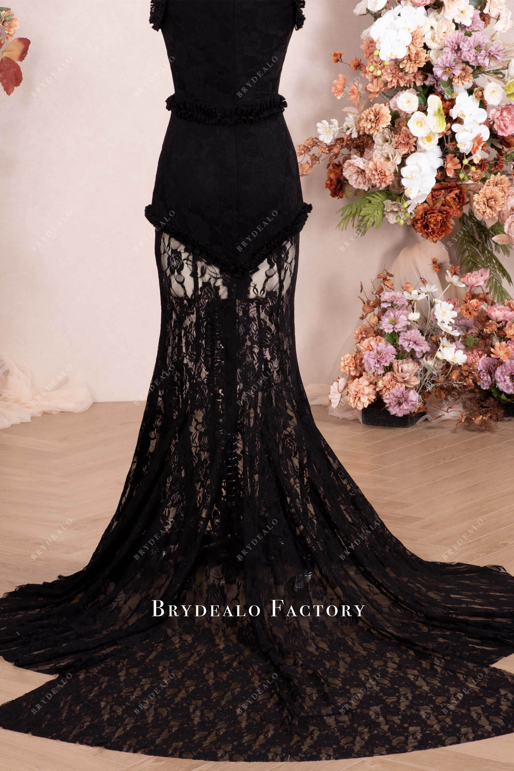 black godet train formal dress