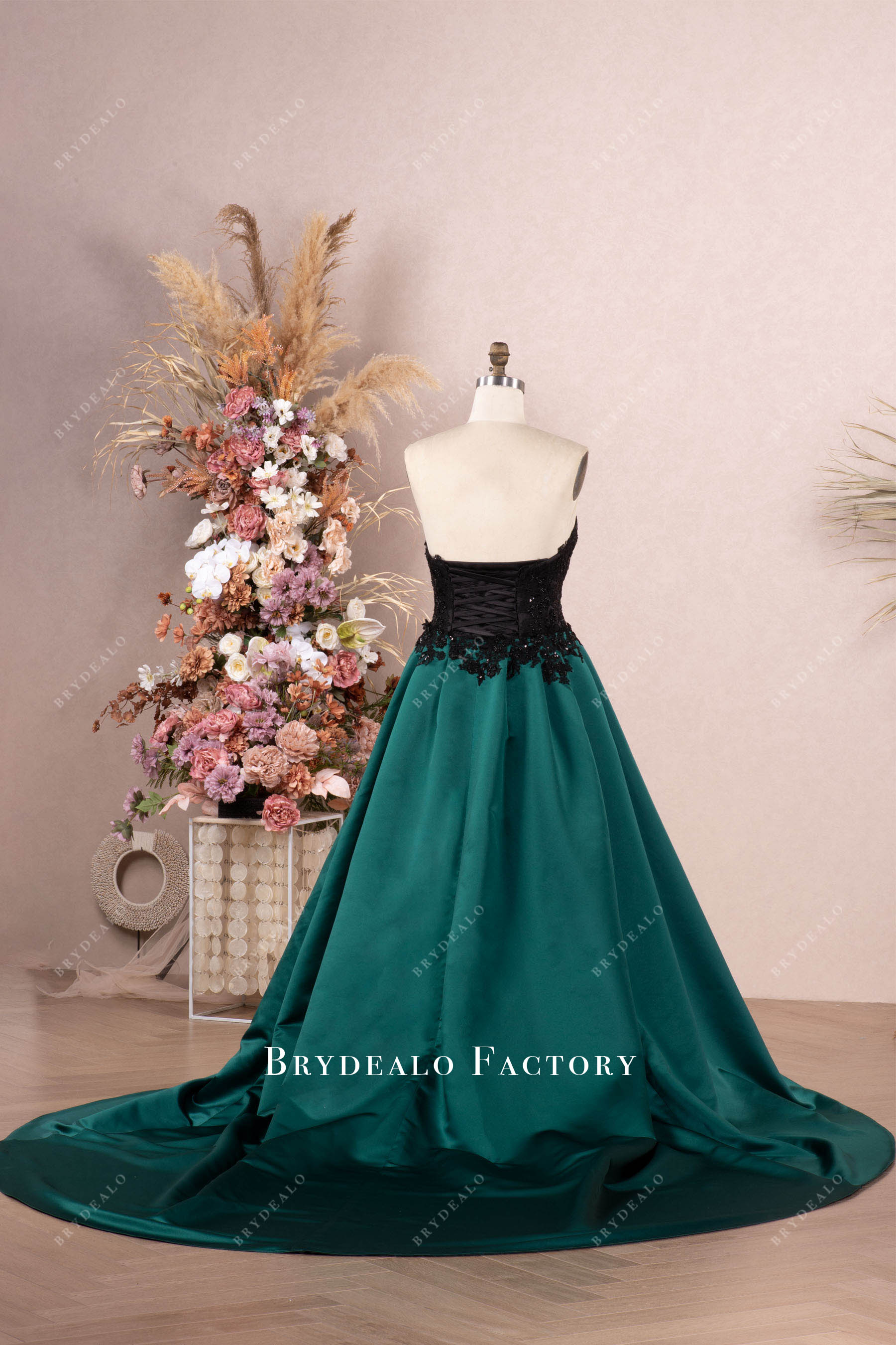 black green lace satin wedding dress