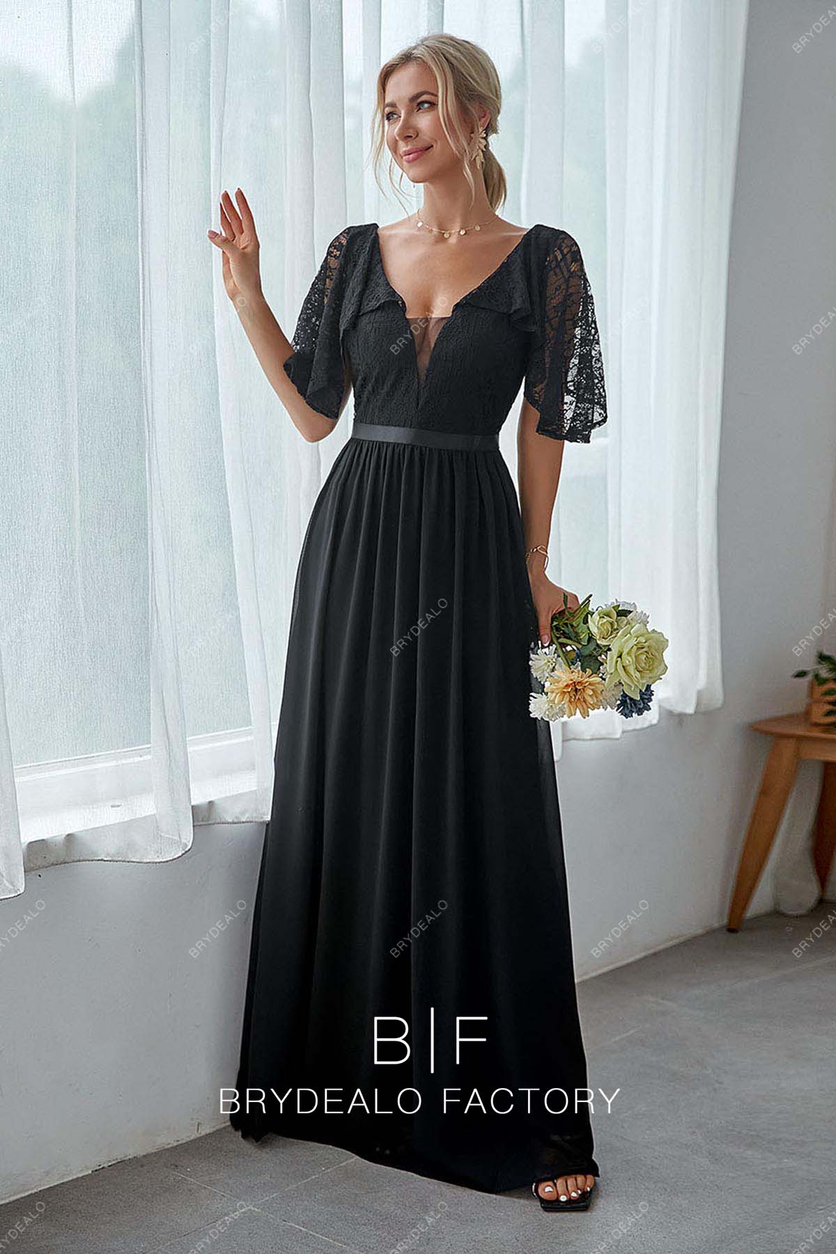 Black Flutter Sleeves Lace Chiffon Bridesmaid Gown