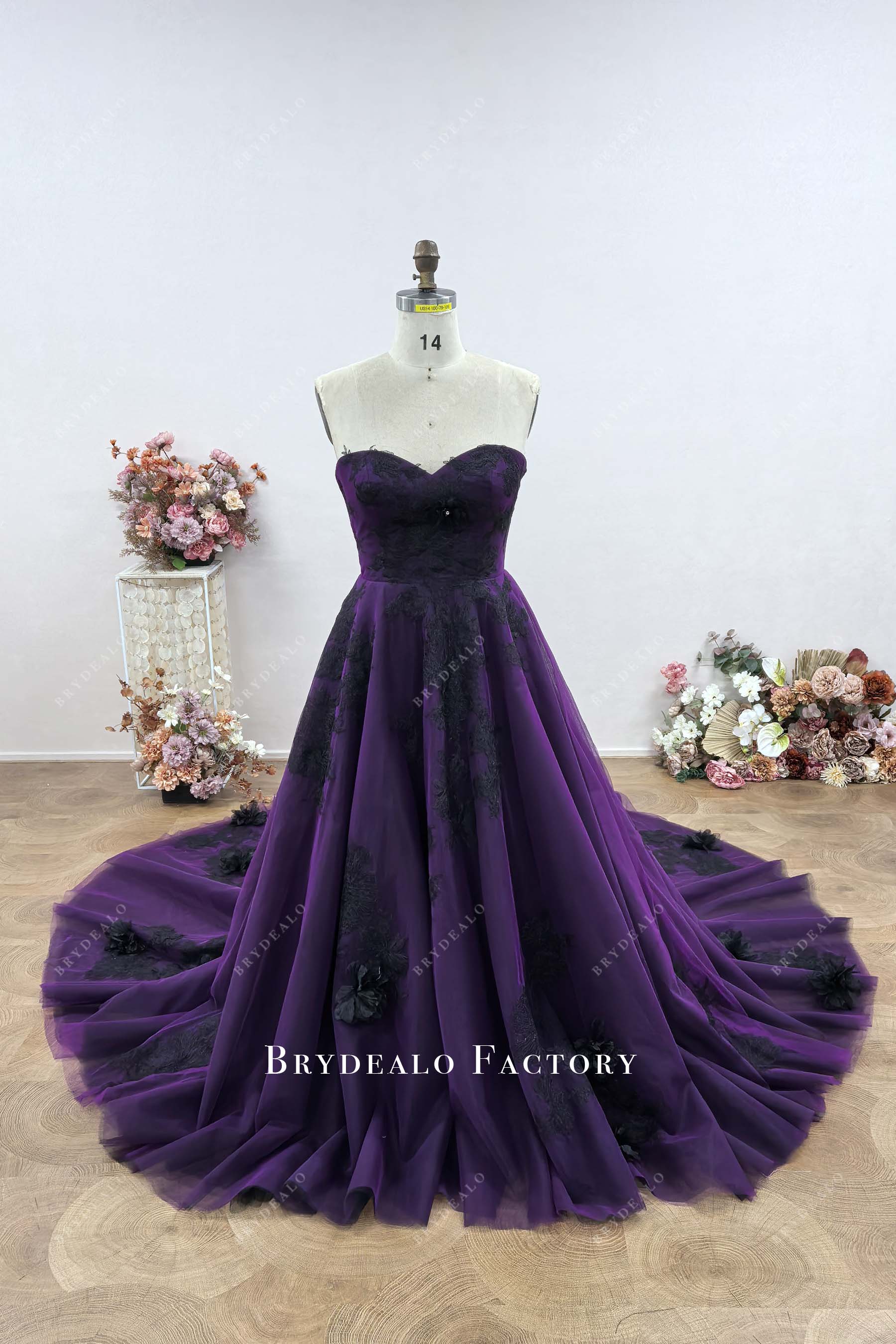 black lace colorful goth strapless wedding dress