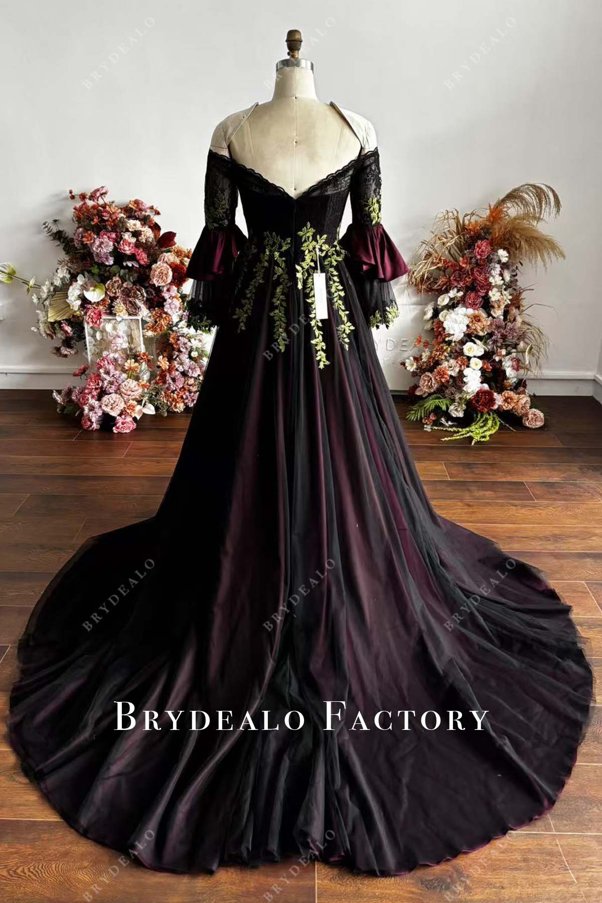 black lace overlay dark red long train green leaf wedding dress